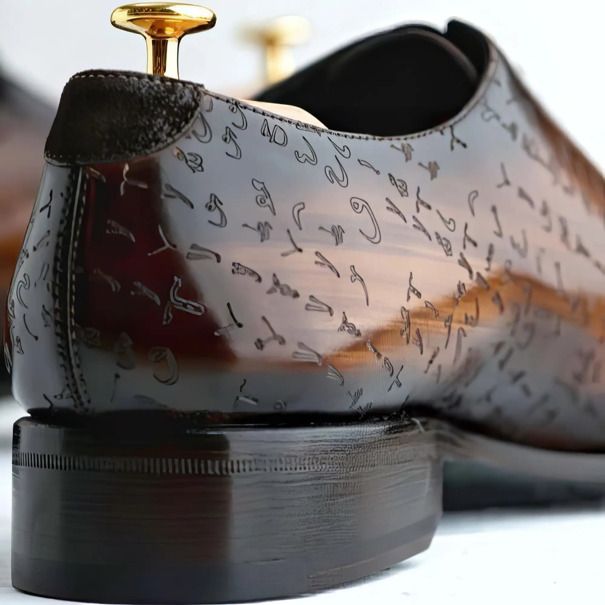 Patterned brown leather dress shoe.