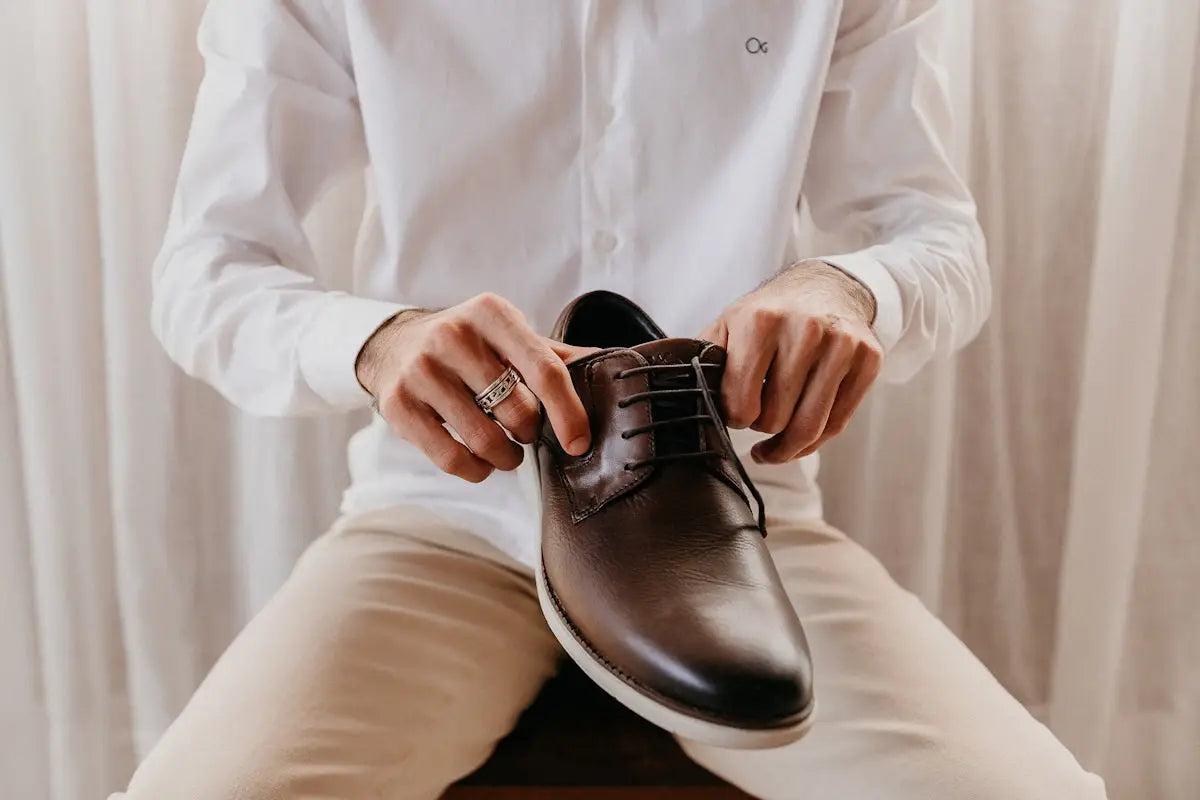 Brown leather oxford shoe with black laces and a white rubber sole.