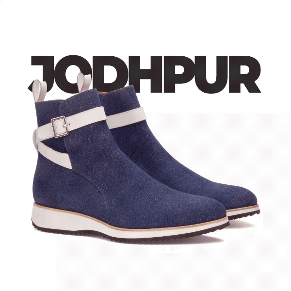 Navy blue suede ankle boots with white buckles and soles, inspired by jodhpur style.