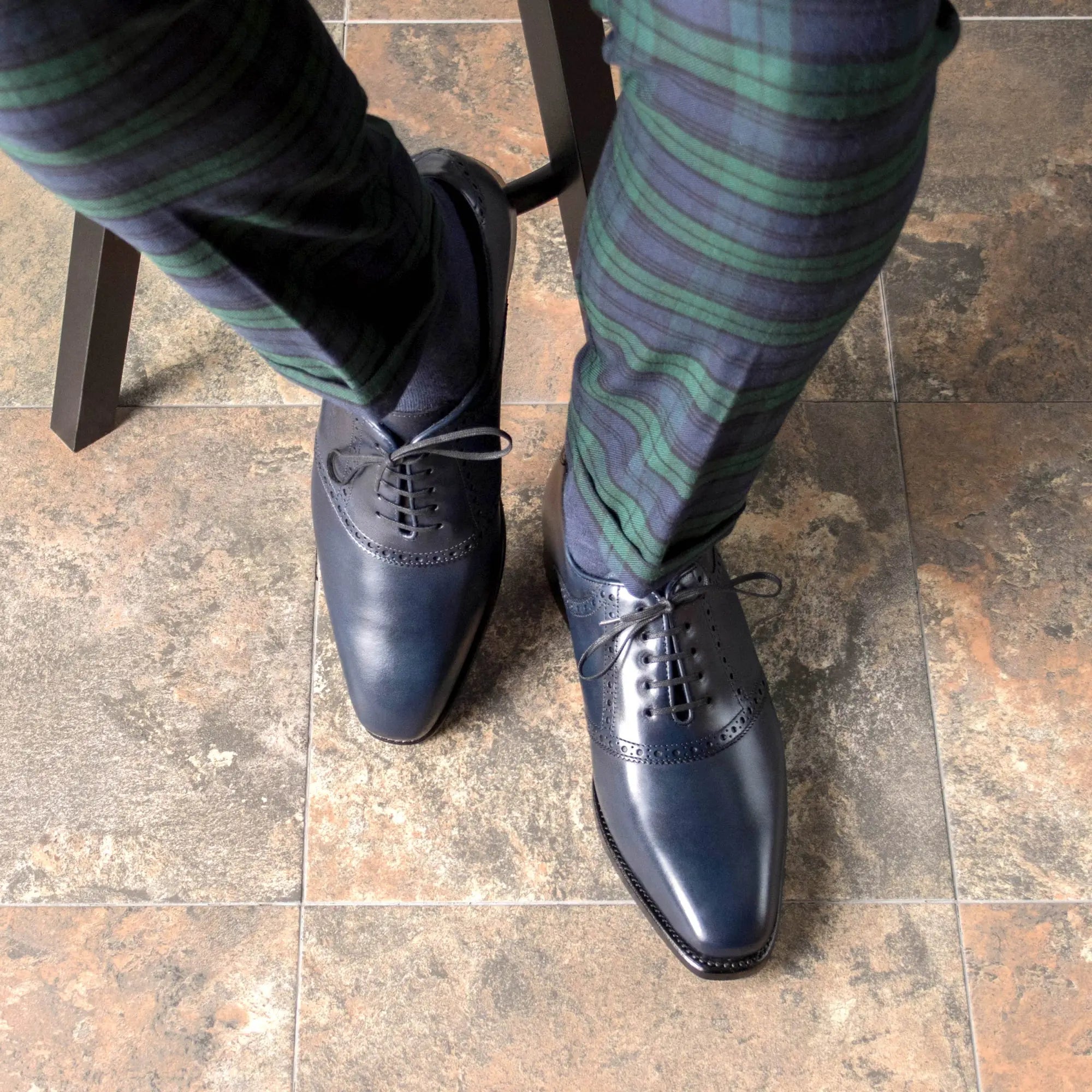 Blue leather dress shoes.