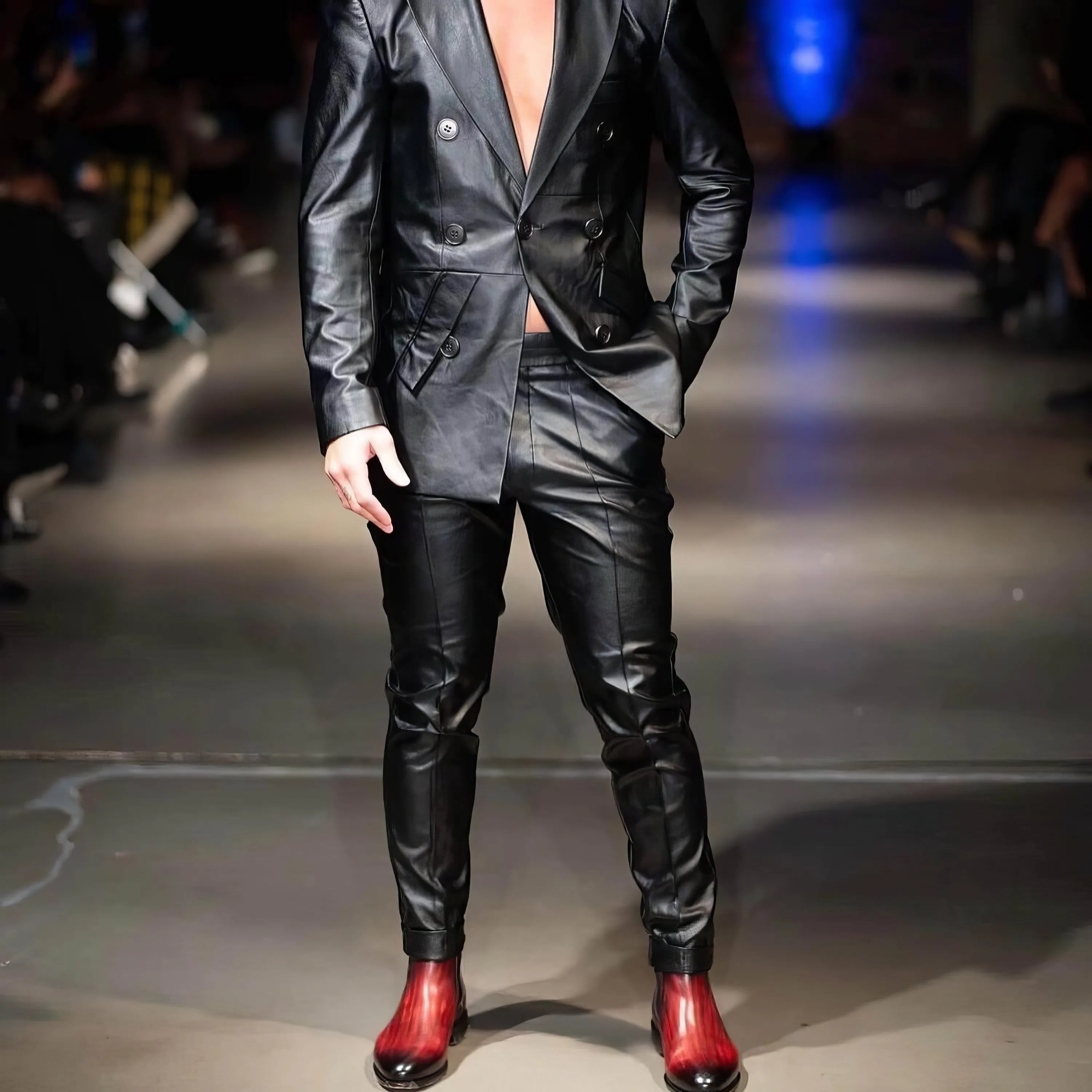 Leather suit with 009 Patina Chelsea Boots II red boots