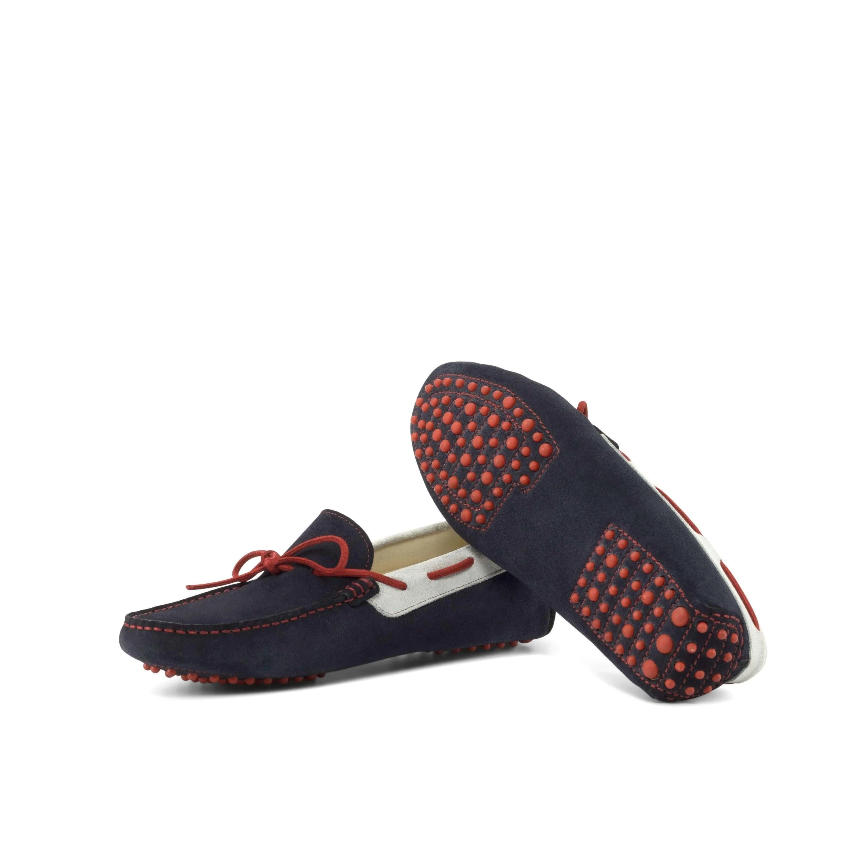 1990 Driver II navy blue suede driver moccasins with red accents, white sole
