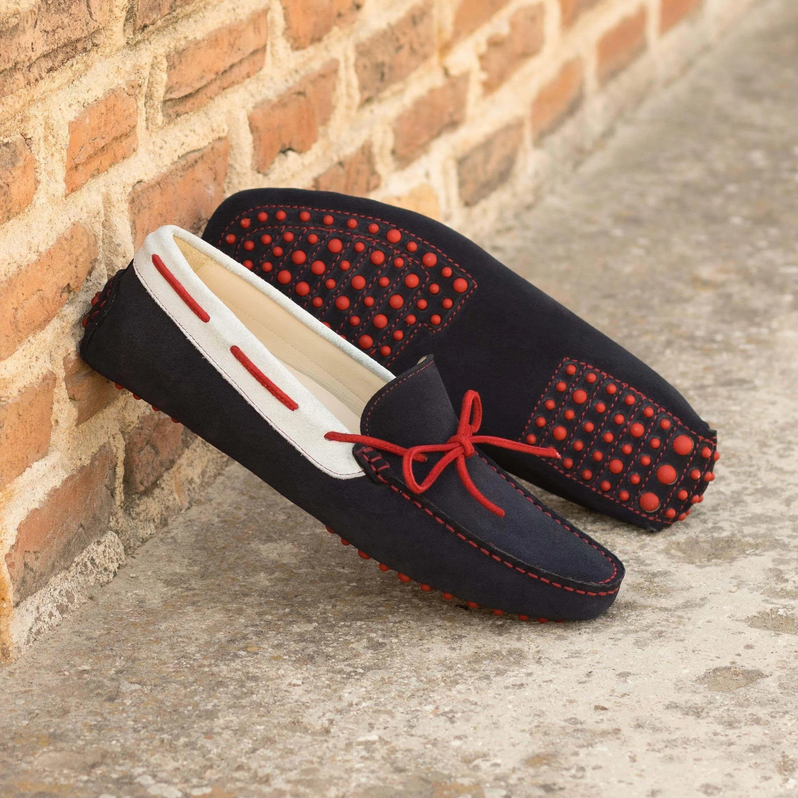Navy 1990 Driver II suede driver loafers with red polka dots, white sole