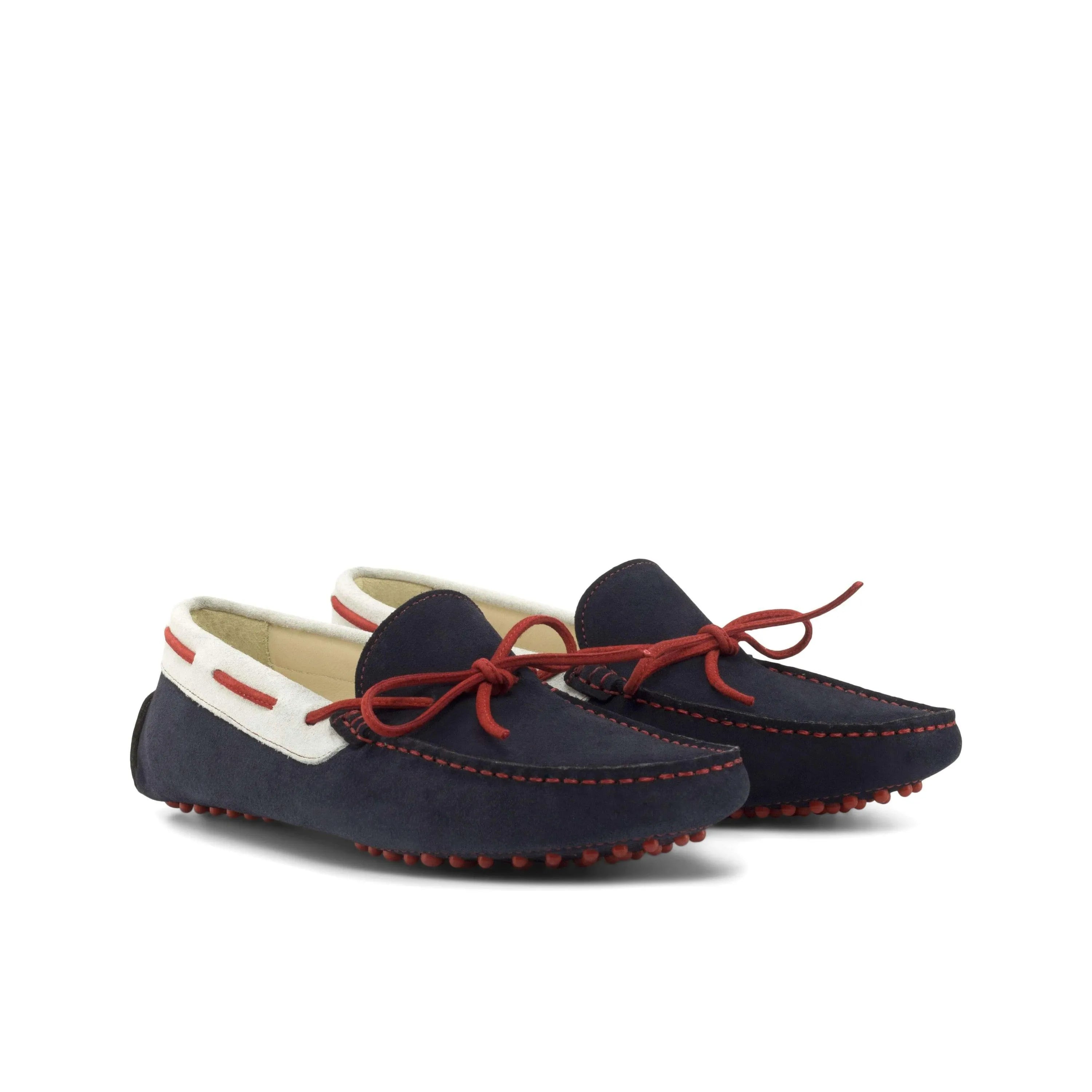 1990 Driver navy blue suede driving moccasins with red laces and rubber soles