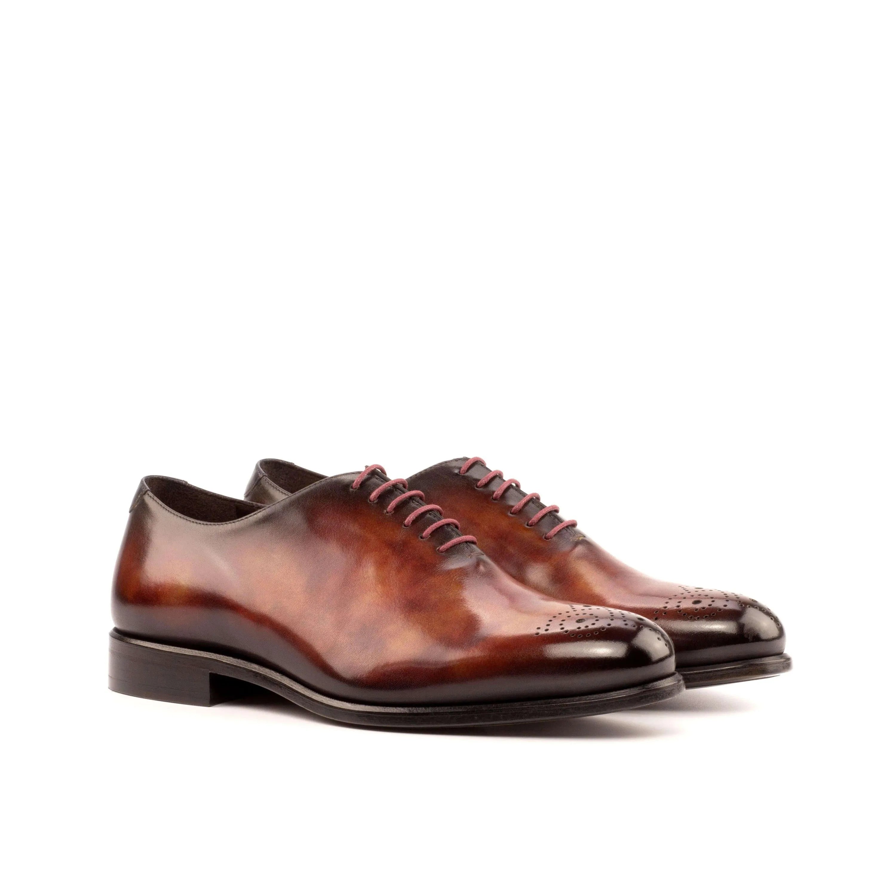 Pair of brown whole cut patina II luxury bespoke shoes for men