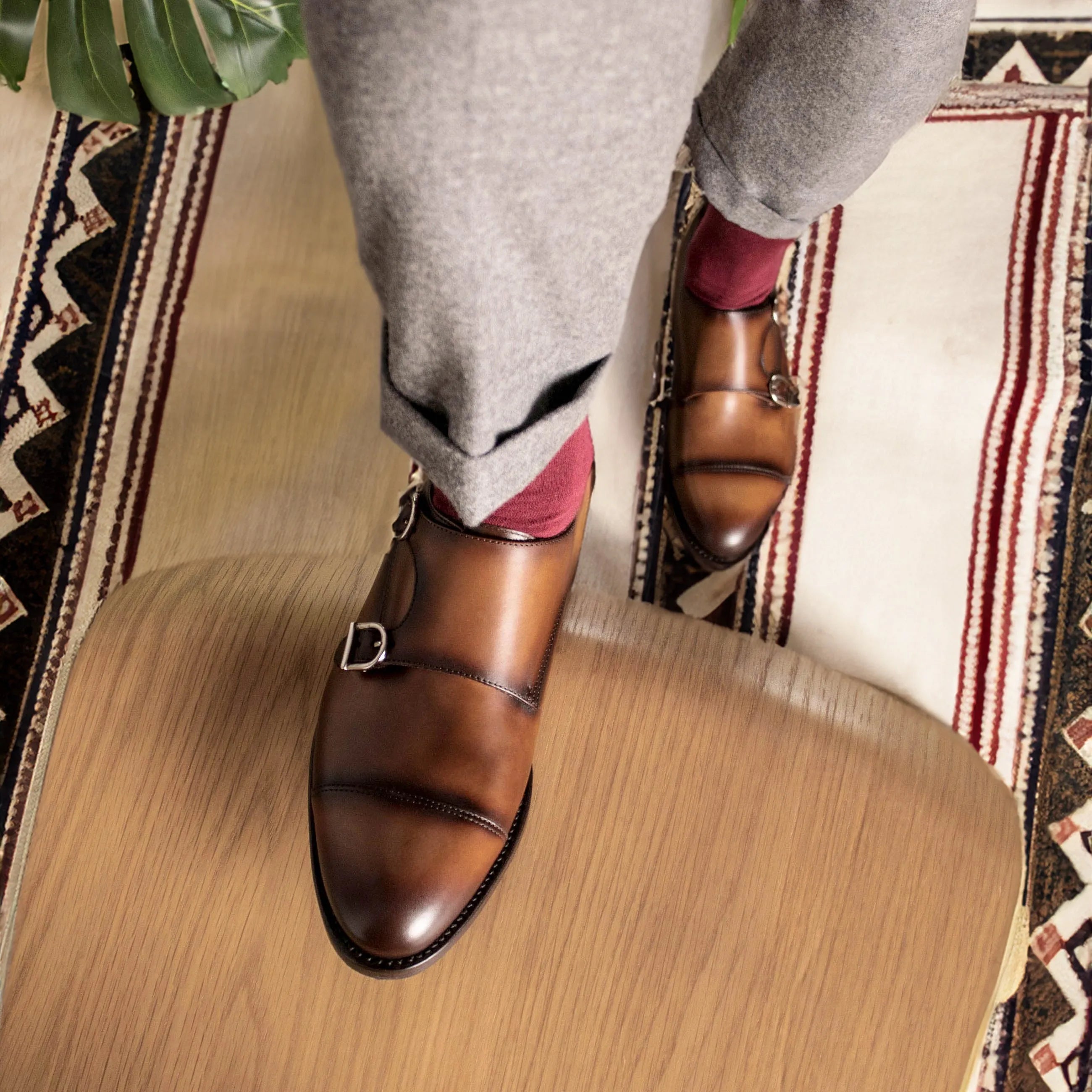 Brown leather 5930 double monk shoes, rear view