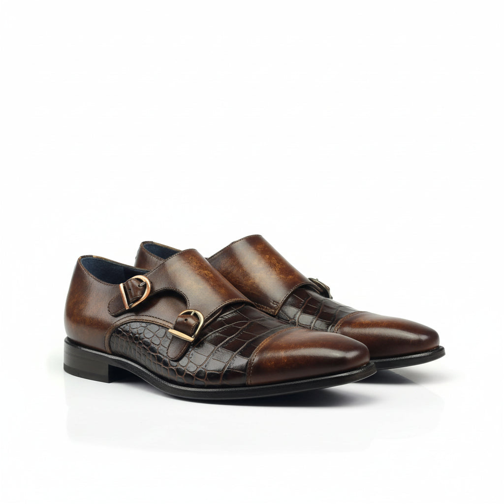 Abraham double monk patina shoes in brown leather