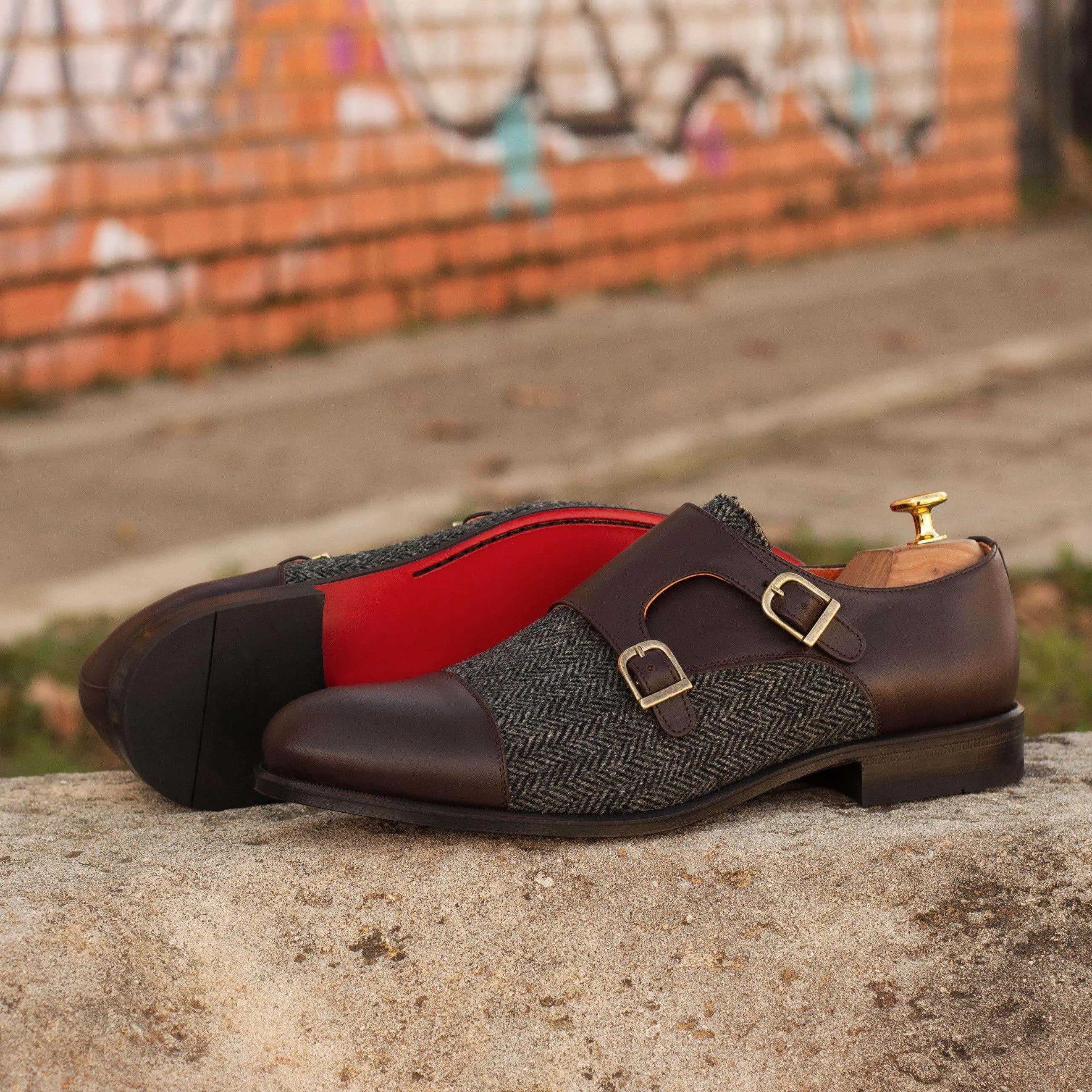 Achak Double Monk II brown leather tweed double monk shoes