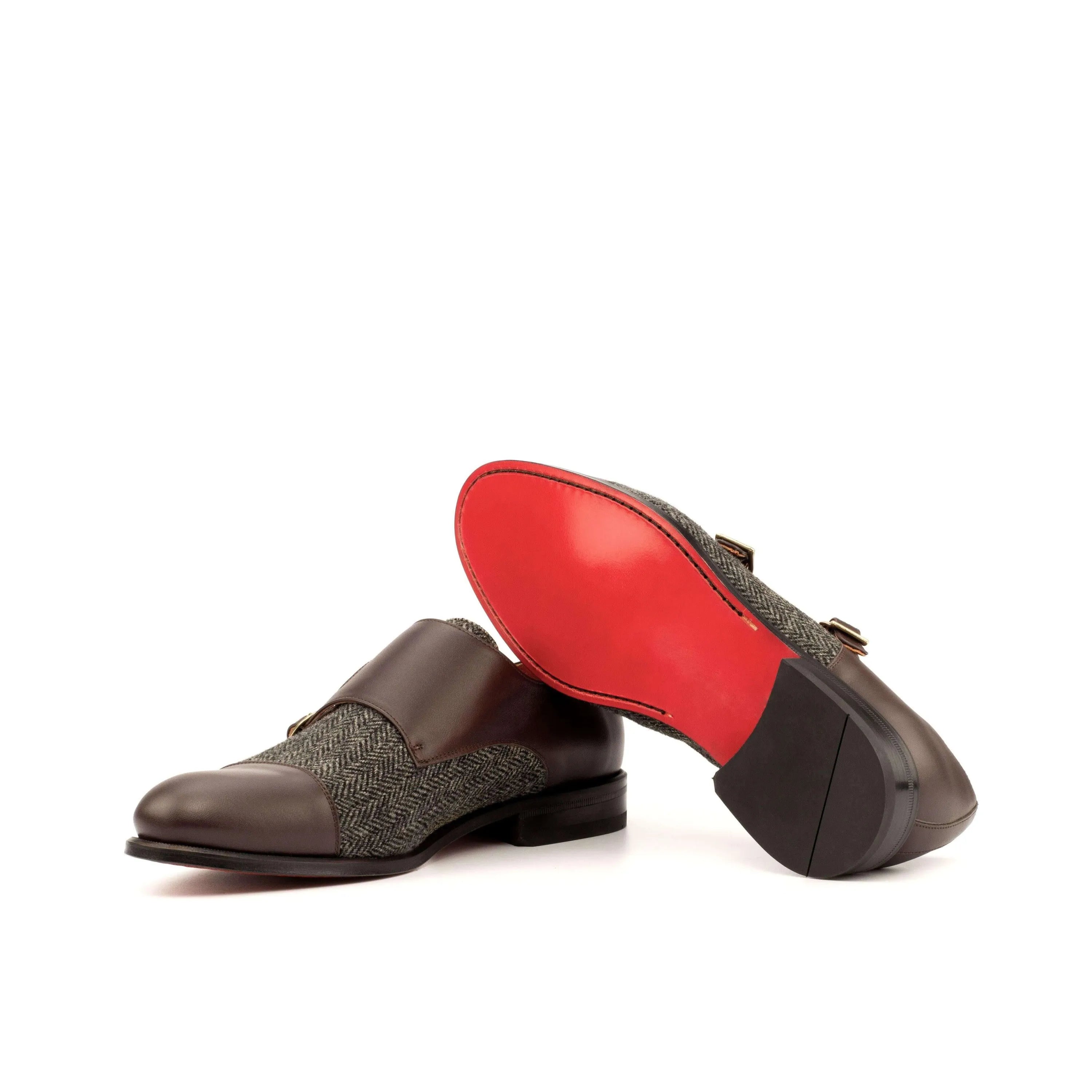 Achak Double Monk II brown leather tweed double monk shoes red soles