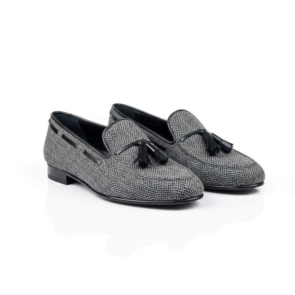 Alexander loafers in gray herringbone sartorial tassel style