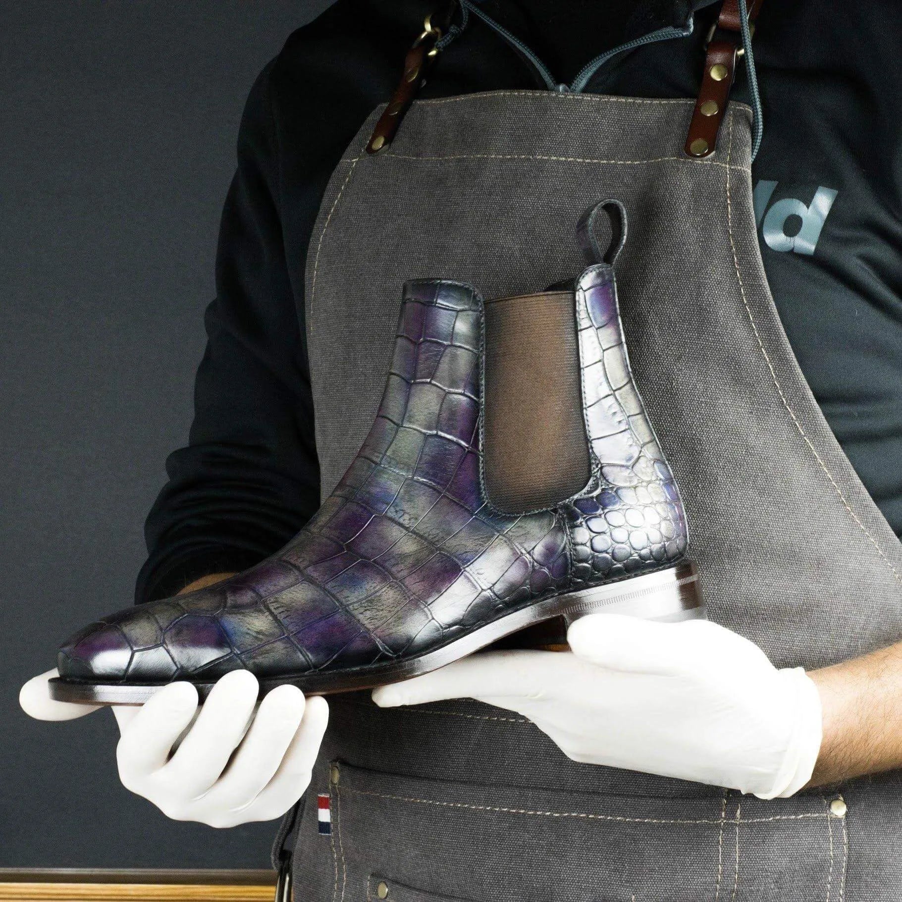 Alexandrio Patina Chelsea boots in purple crocodile pattern