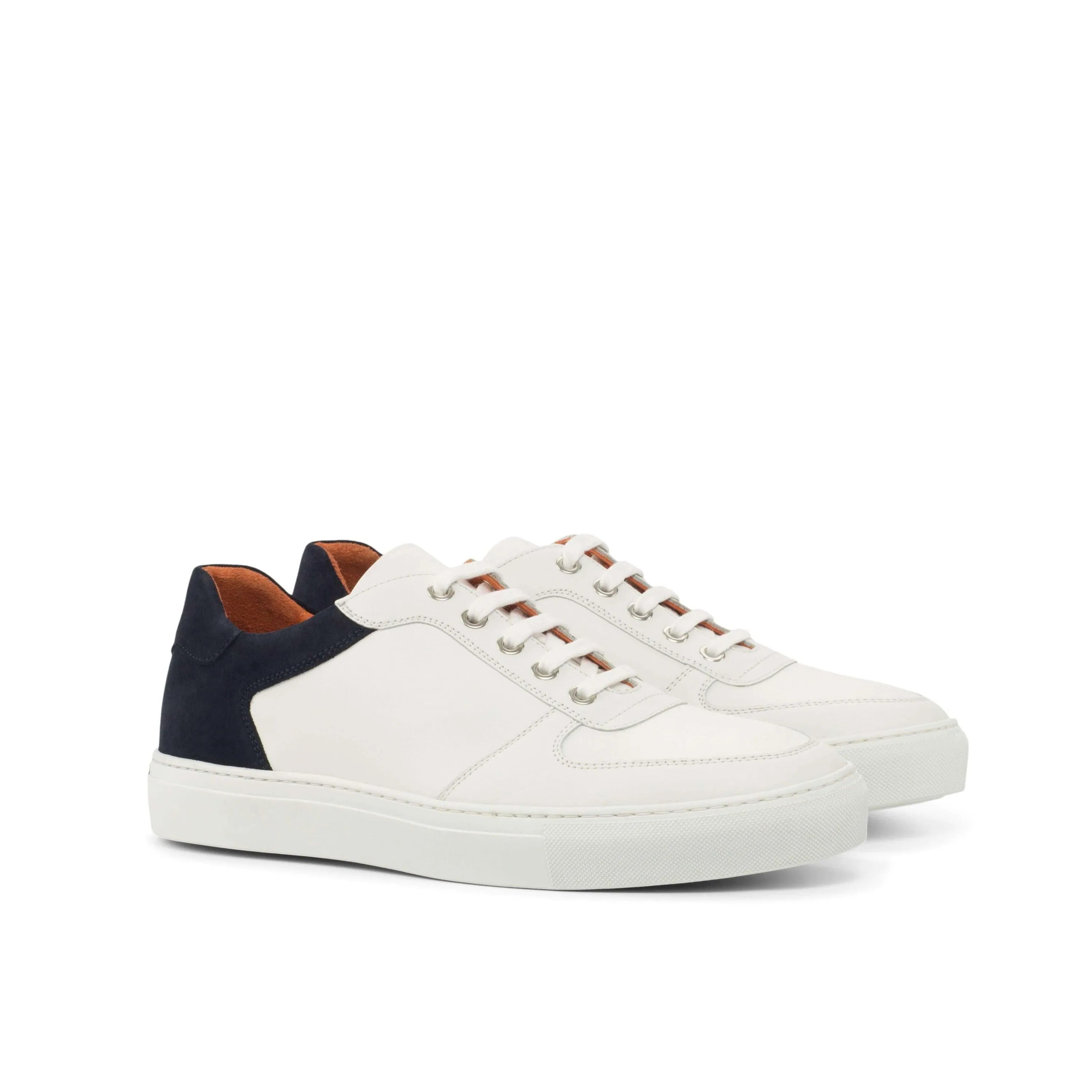 Alin Low back view: white leather sneakers with navy heel, luxury bespoke shoes for men