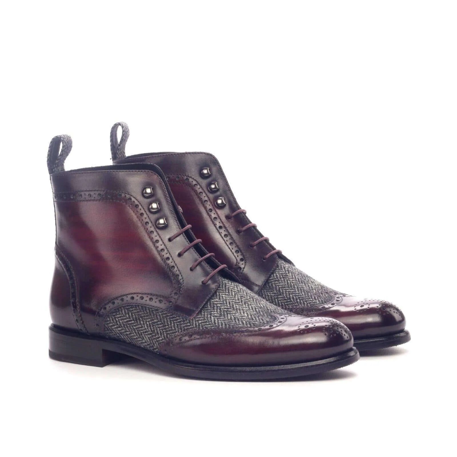 Aliya ladies military brogue patina boots in burgundy leather and tweed wingtip