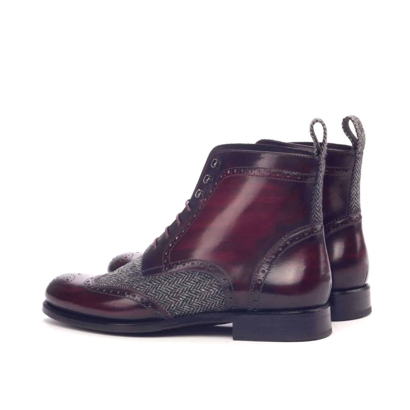 Aliya ladies patina military brogue boots in burgundy leather and herringbone tweed