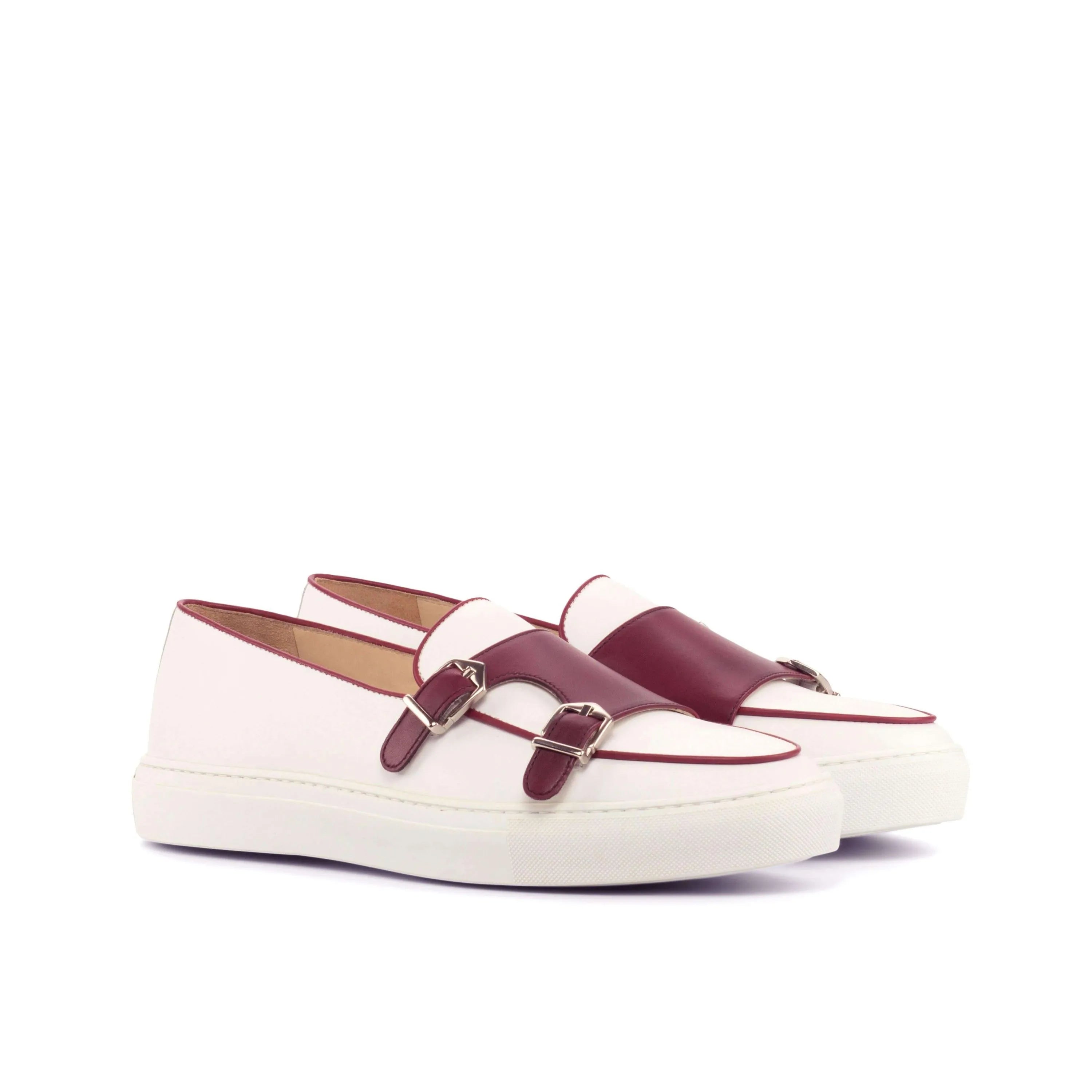 White and burgundy Andrew81 monk sneaker II double monk strap sneakers