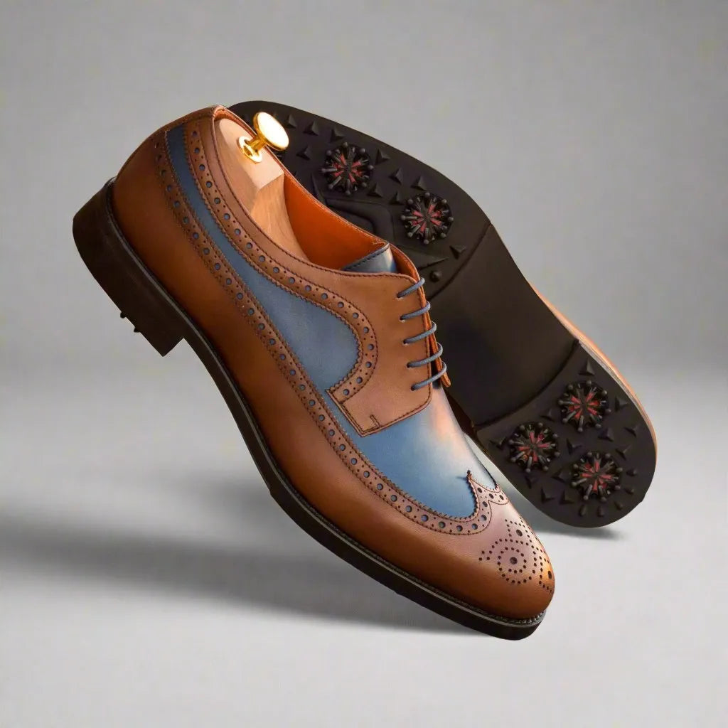 Andy Longwing Blucher golf shoes in brown and blue leather