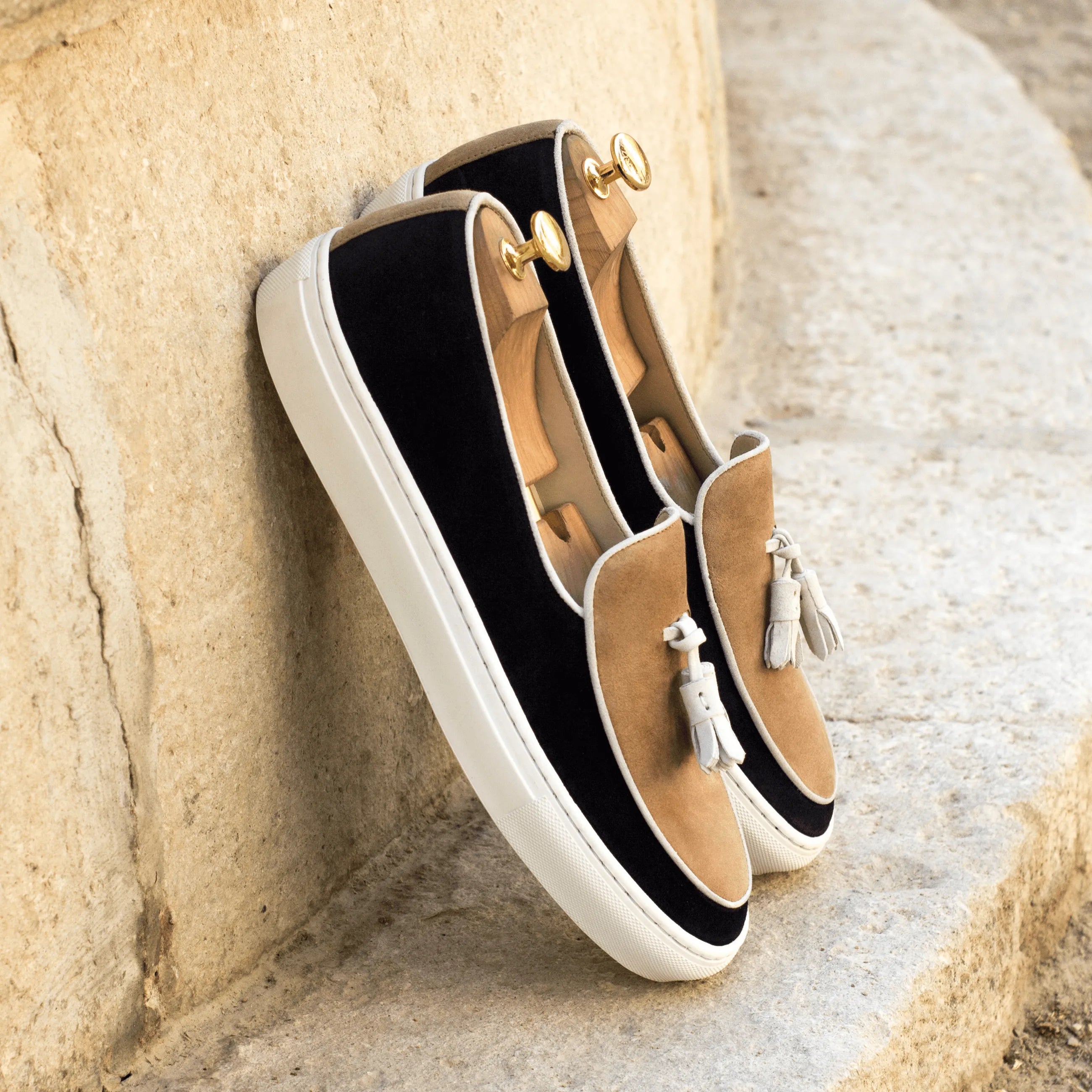 Antigo Belgian sneaker two-tone tassel loafers with shoe trees