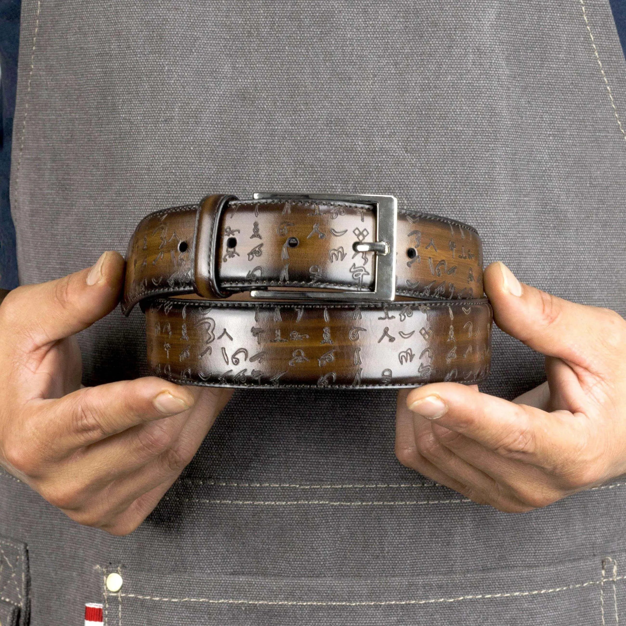 Brown leather Arabic matrix patina Hamptons belt II with silver buckle