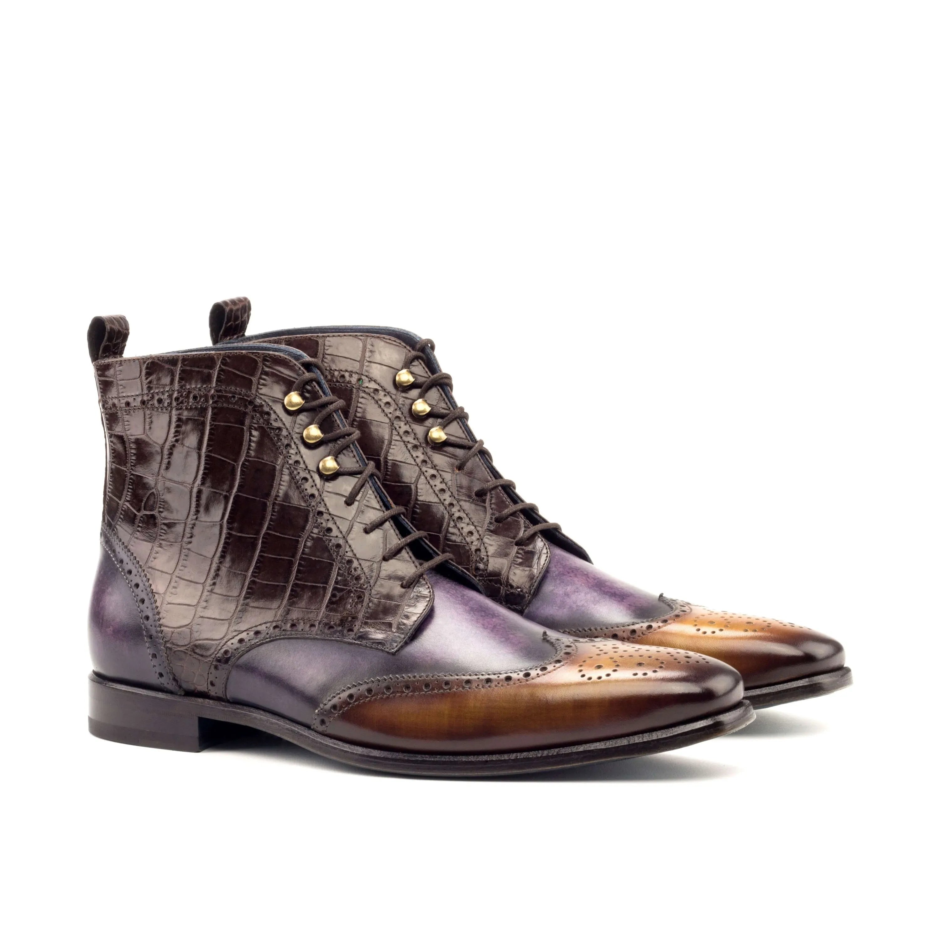 Arah patina military brogue boots in brown and purple leather wingtip