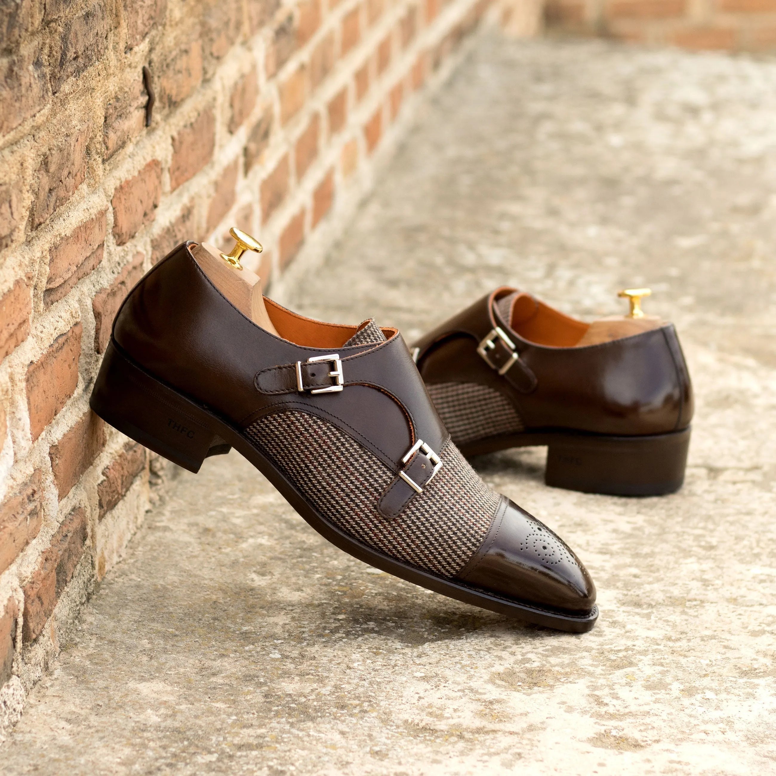 Aristo Double Monk II brown leather tweed double monk shoes