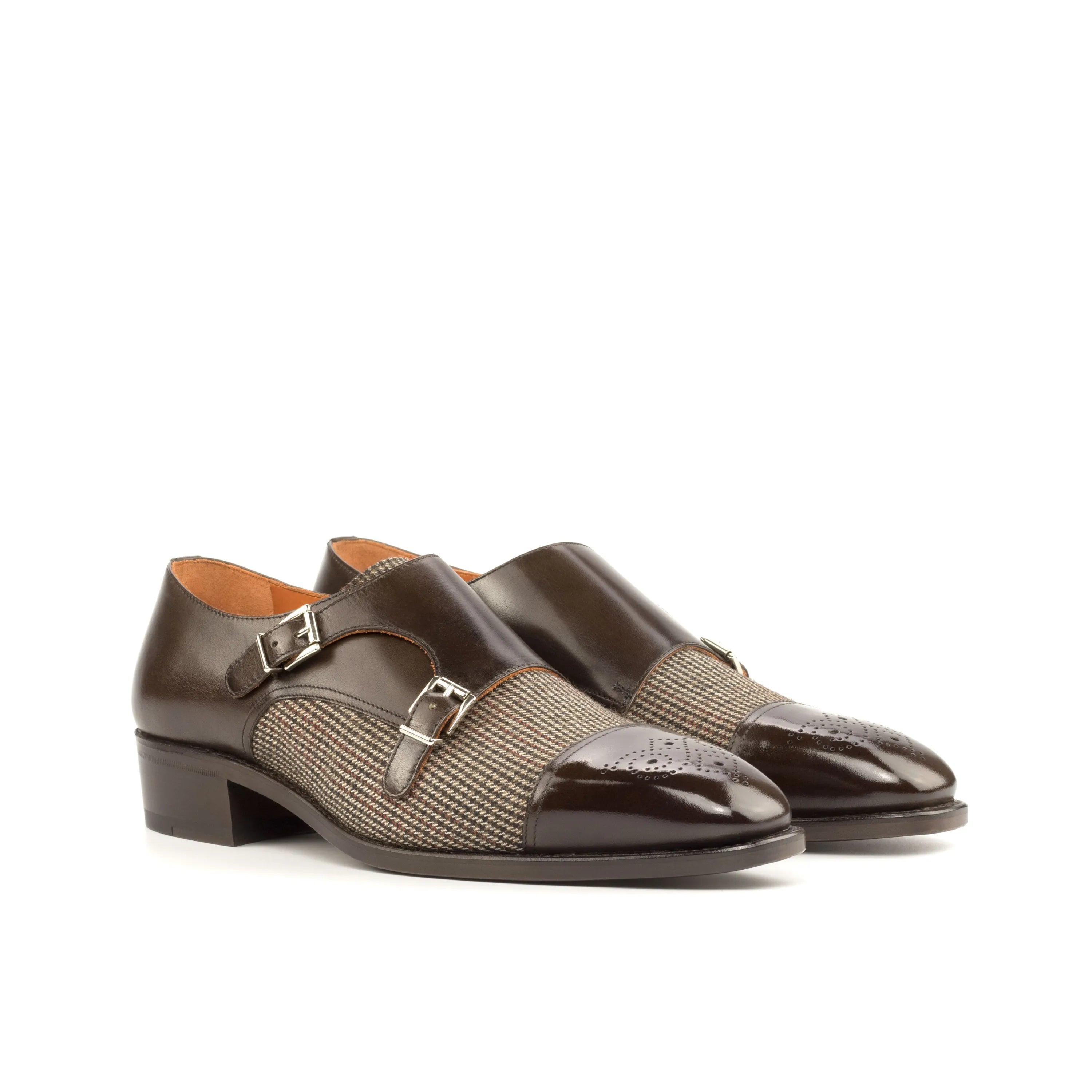 Aristo Double Monk II brown leather tweed double monk strap shoes