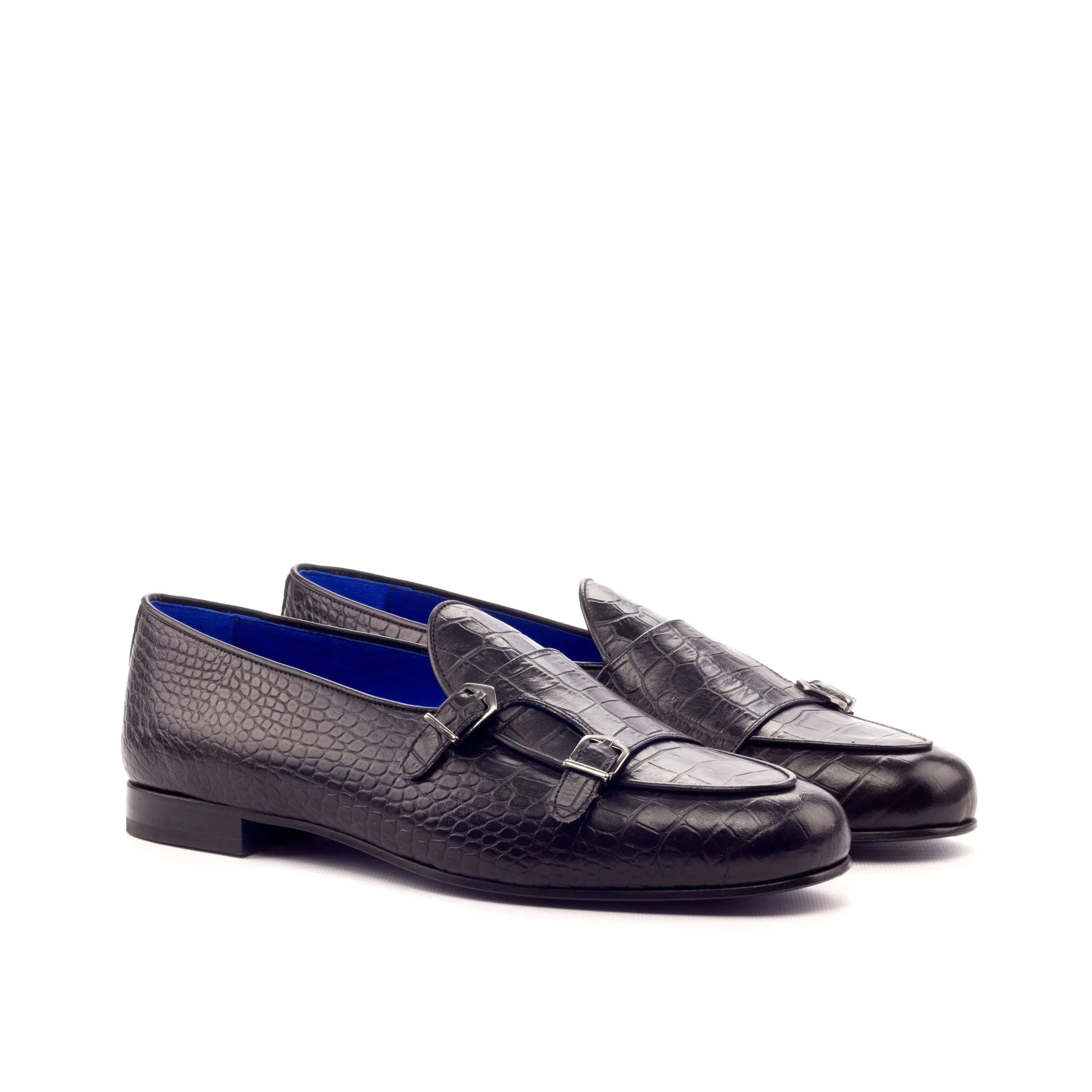 Asafa Belgian Monk slipper: pair of black calf leather monk strap loafers