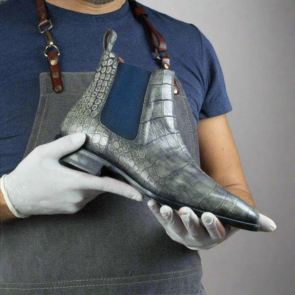 Gray crocodile-patterned Ash Patina Chelsea boot fiddle waist