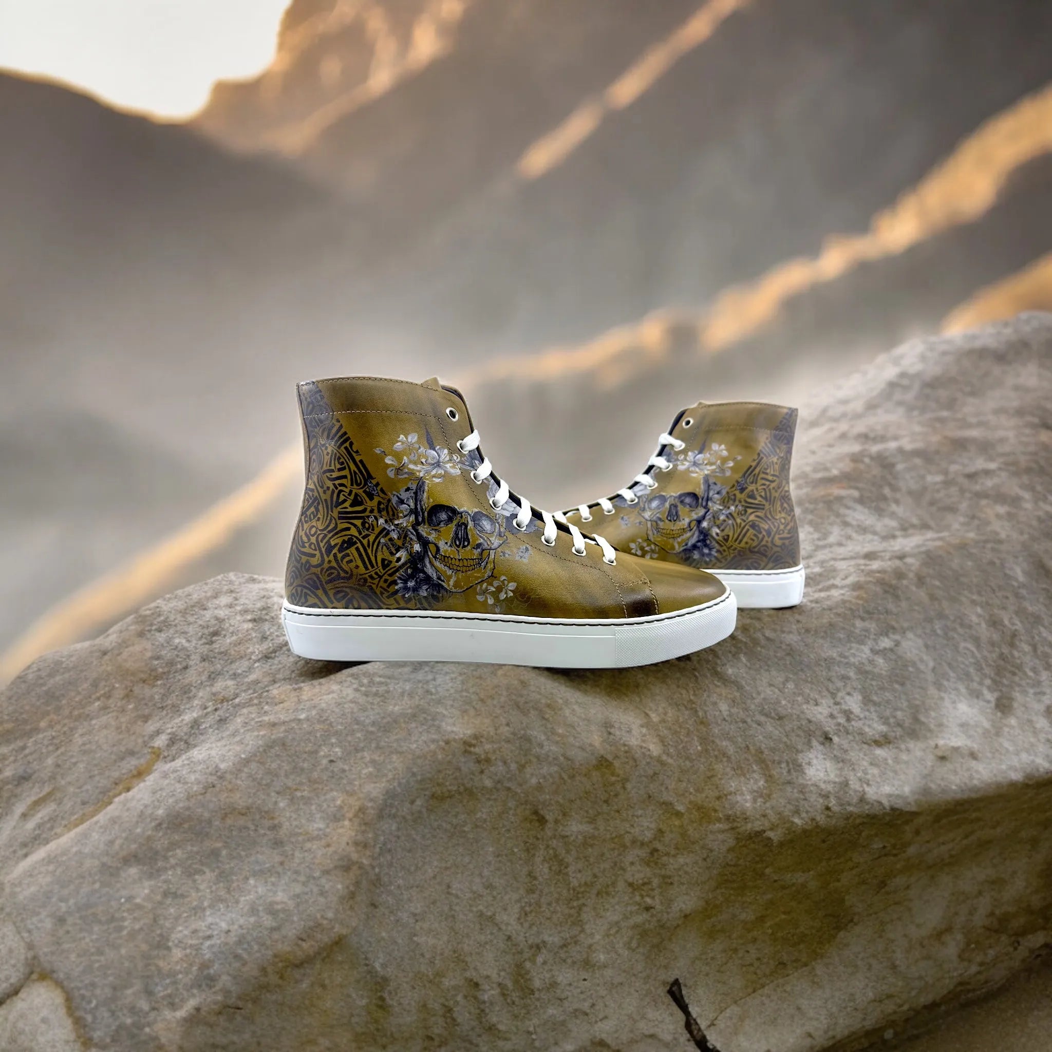 Olive-green Awake Americana High calf leather sneaker boot with skull floral design