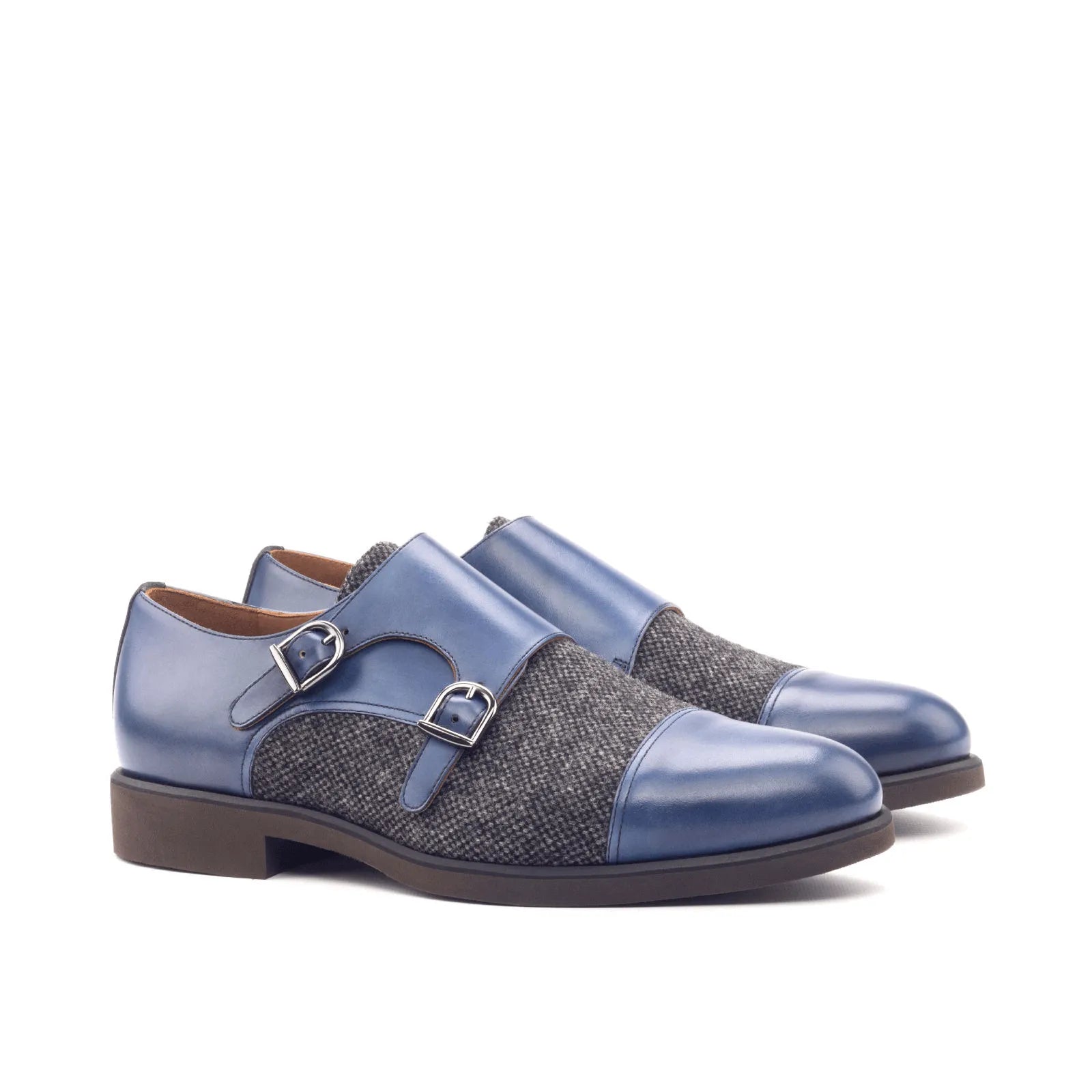 Balti Double Monk II blue leather tweed double monk shoes