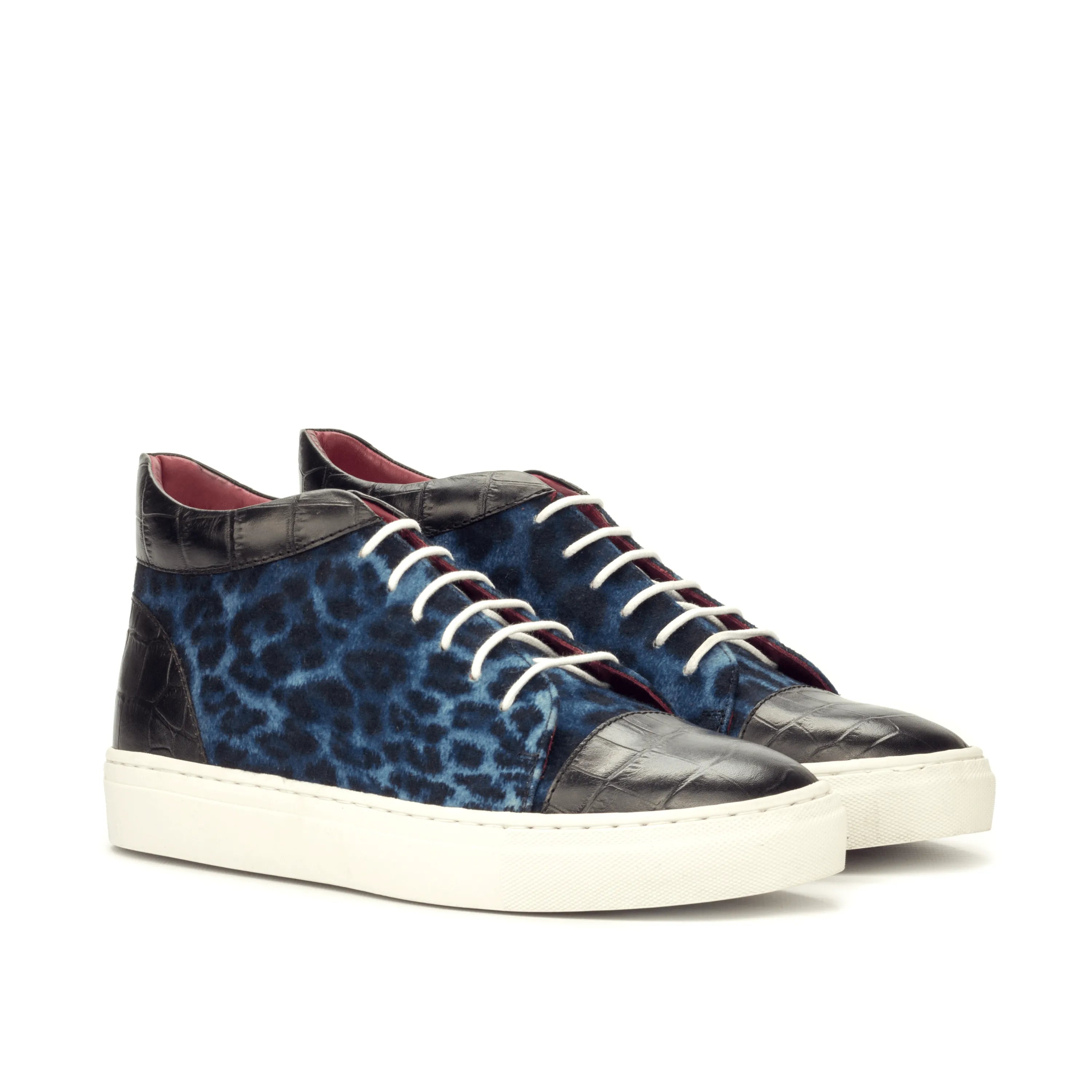 Belen high top sneakers II in blue leopard print, luxury bespoke shoes for men