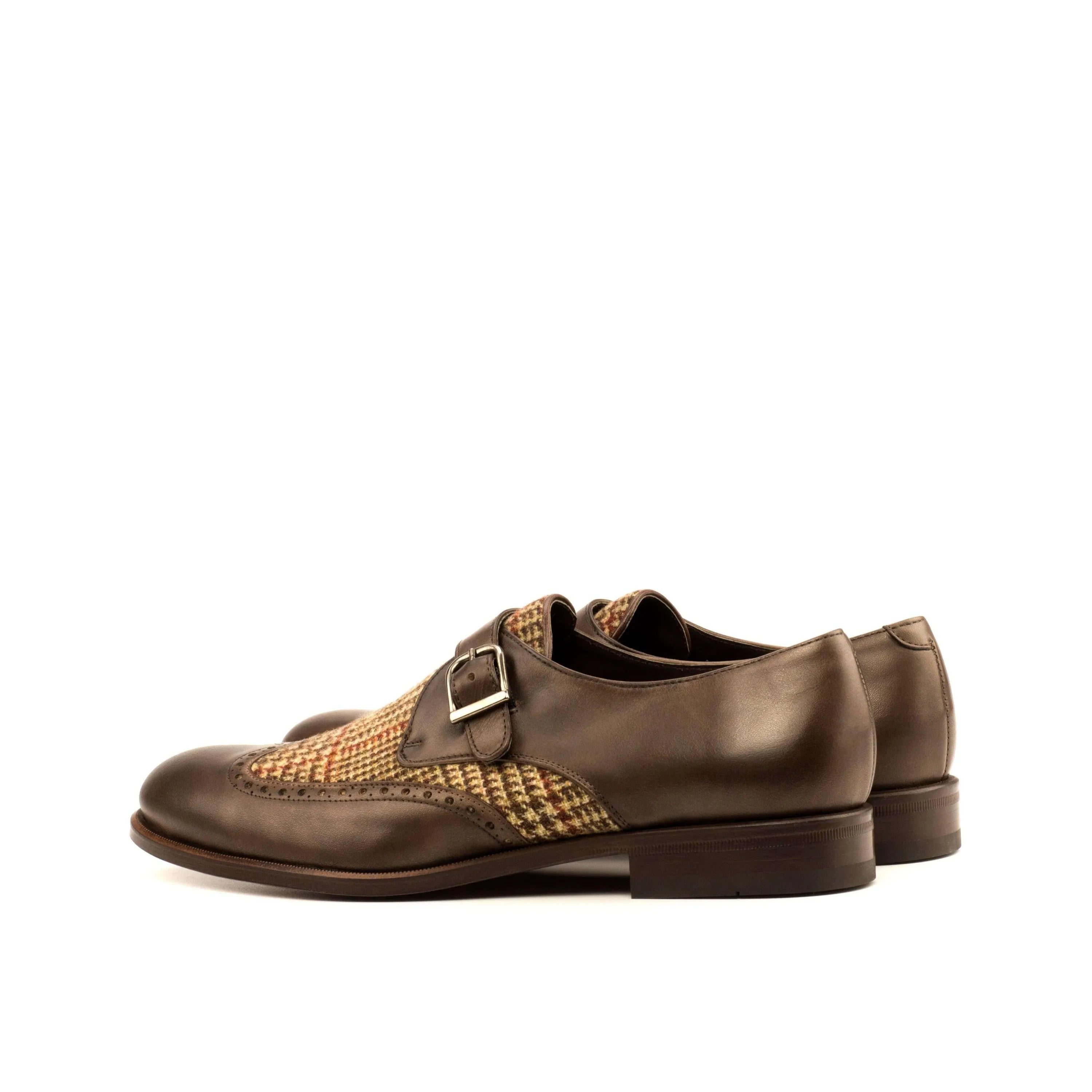 Bodaway single monk shoes II in brown leather tweed with rounded toe