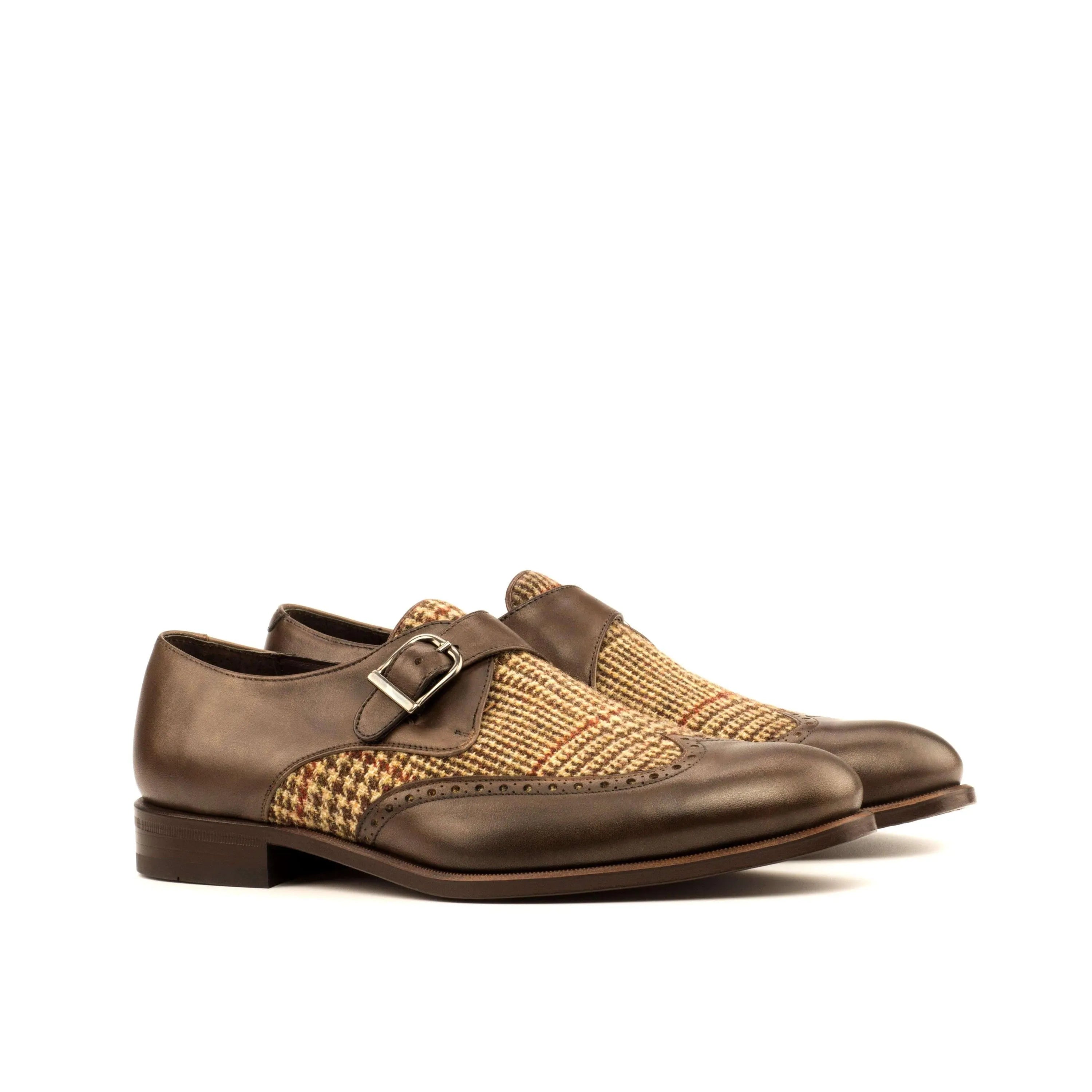 Bodaway single monk shoes II in brown leather tweed with rounded toe