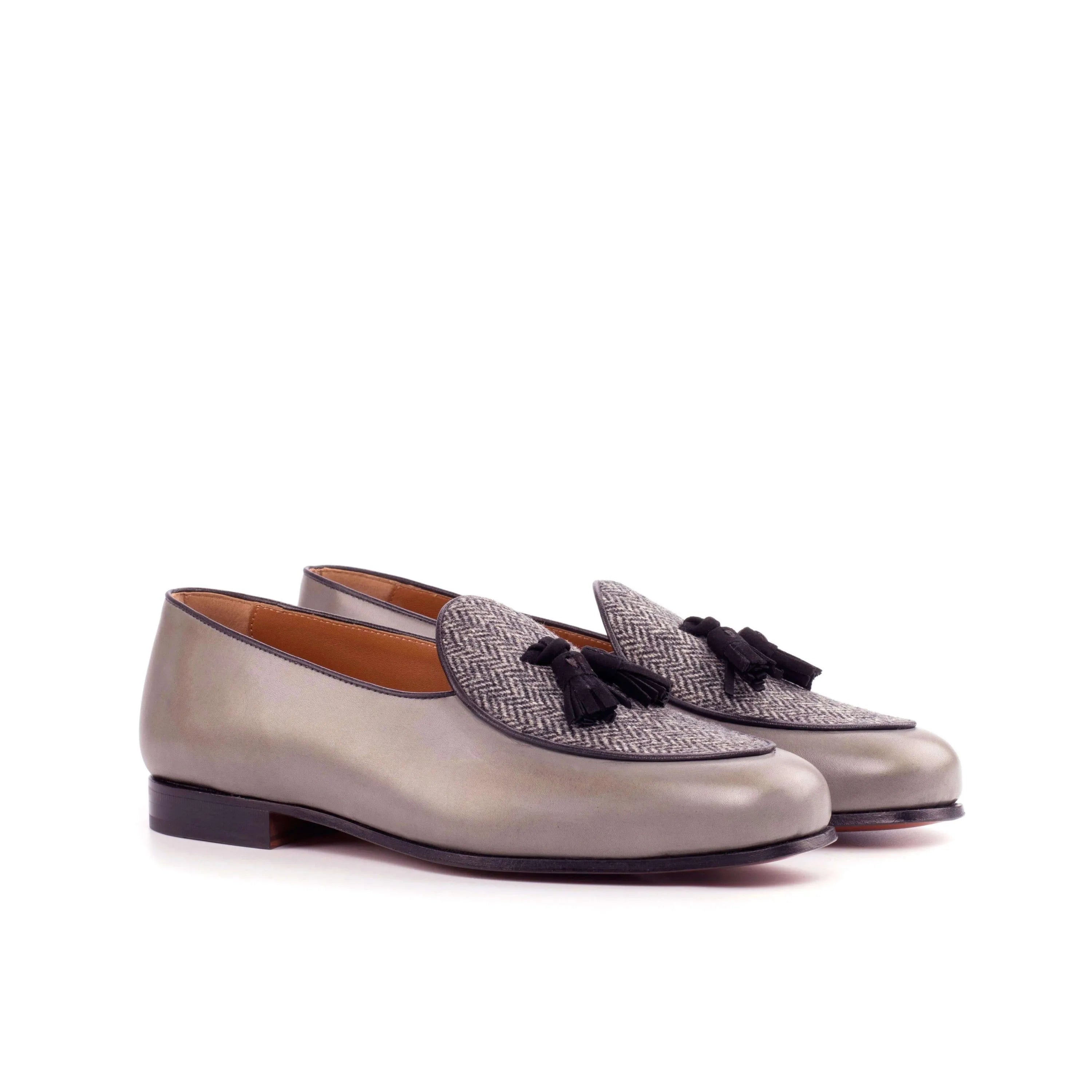 Back view of gray painted calf Boni Belgian Slipper tassel loafers
