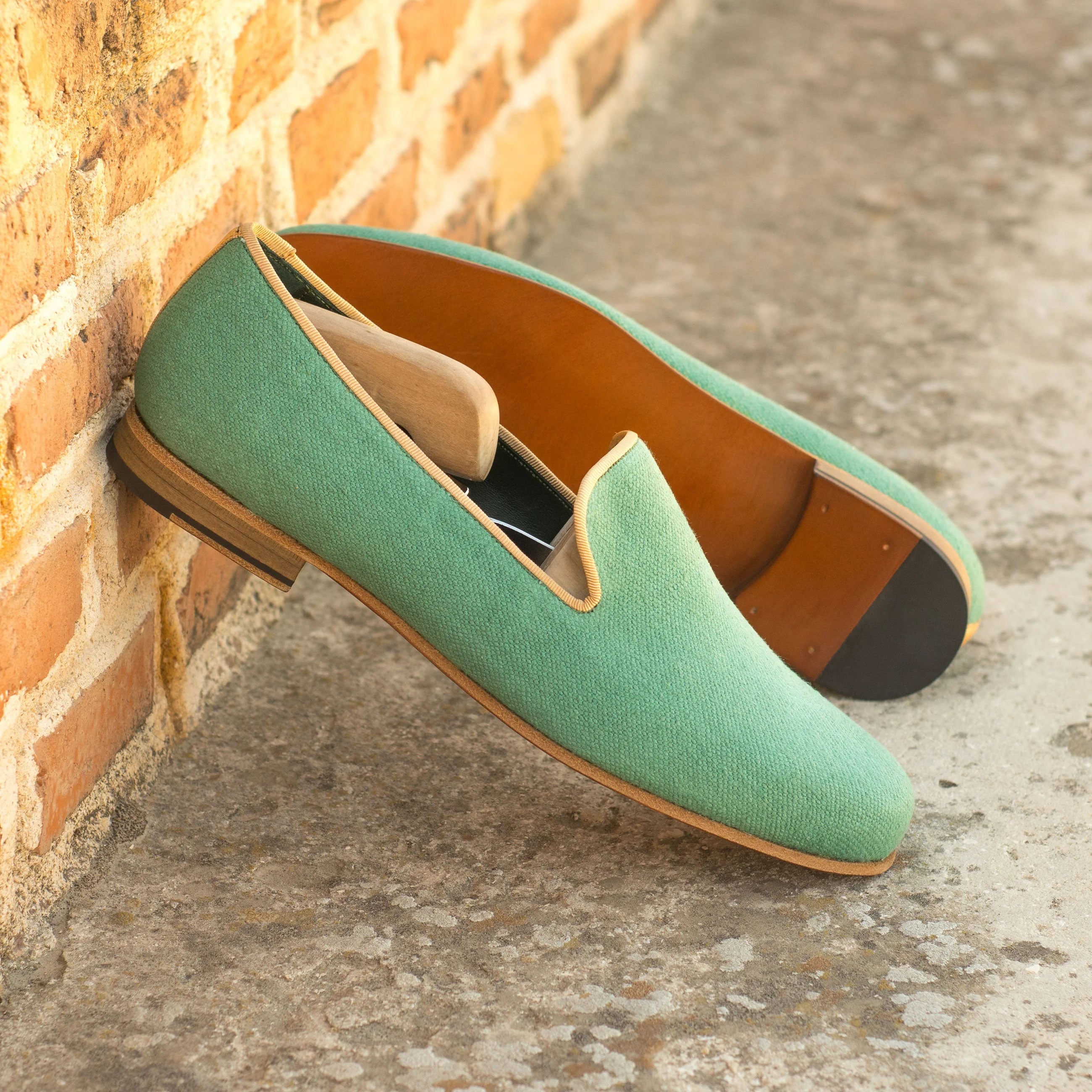 Botanical Wellington Slip on II mint green loafers with tan leather trim