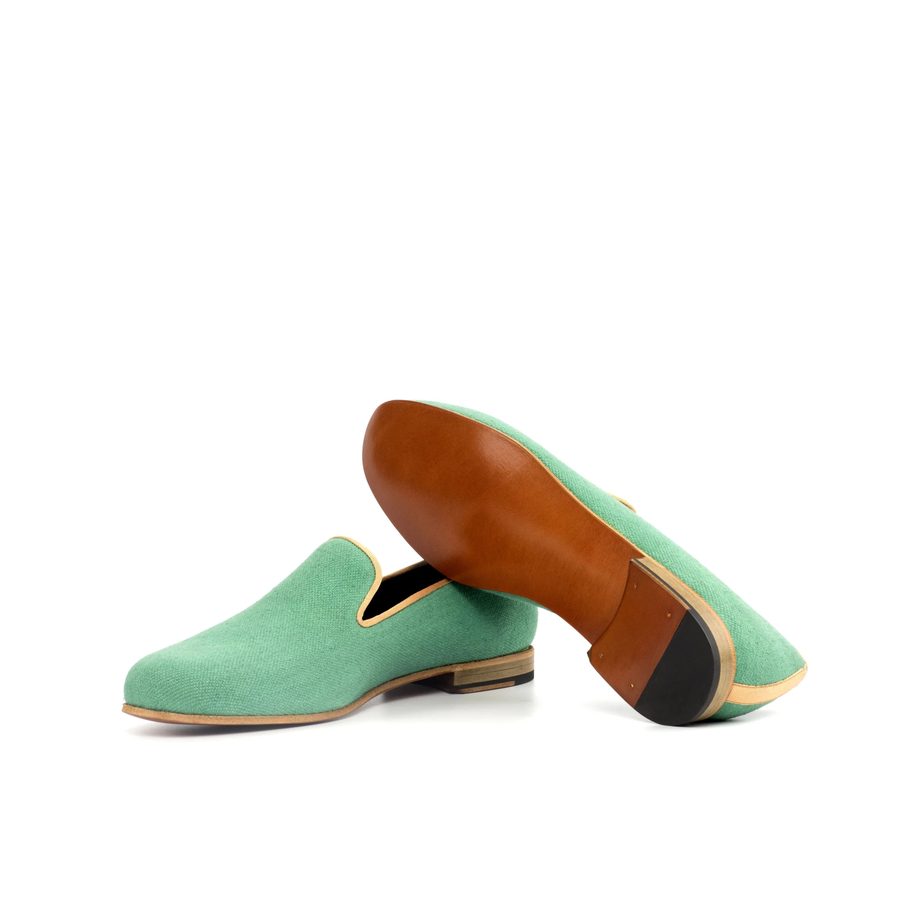 Botanical Wellington Slipon mint green suede loafers with tan calf leather accents, leather sole