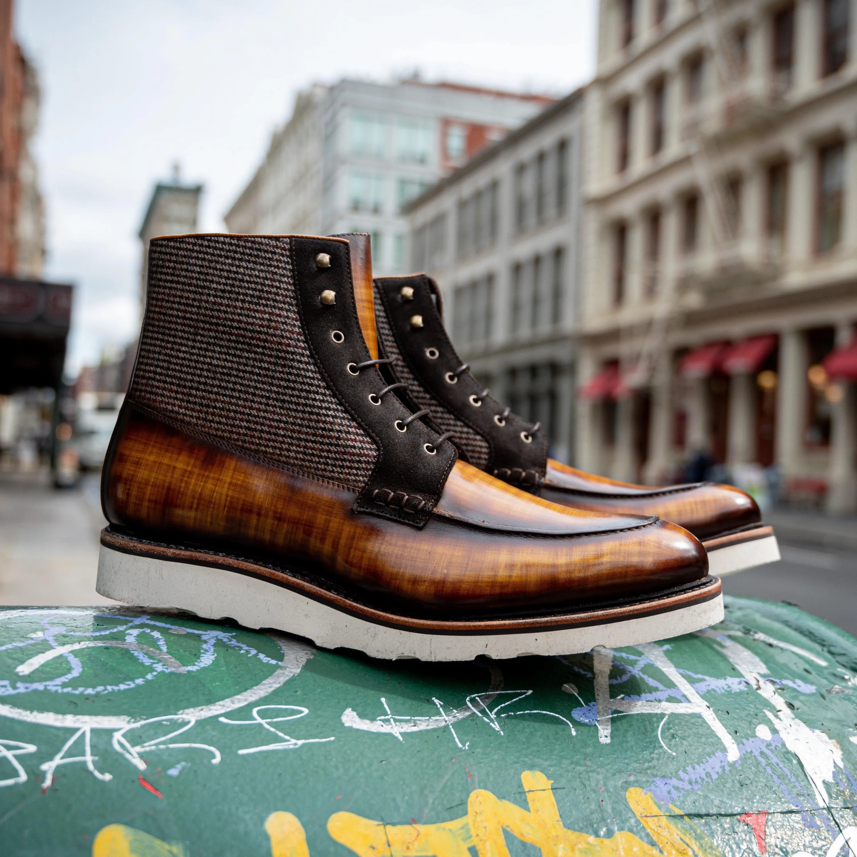 Brooklyn Patina Moc Boot II in brown calf leather and tweed