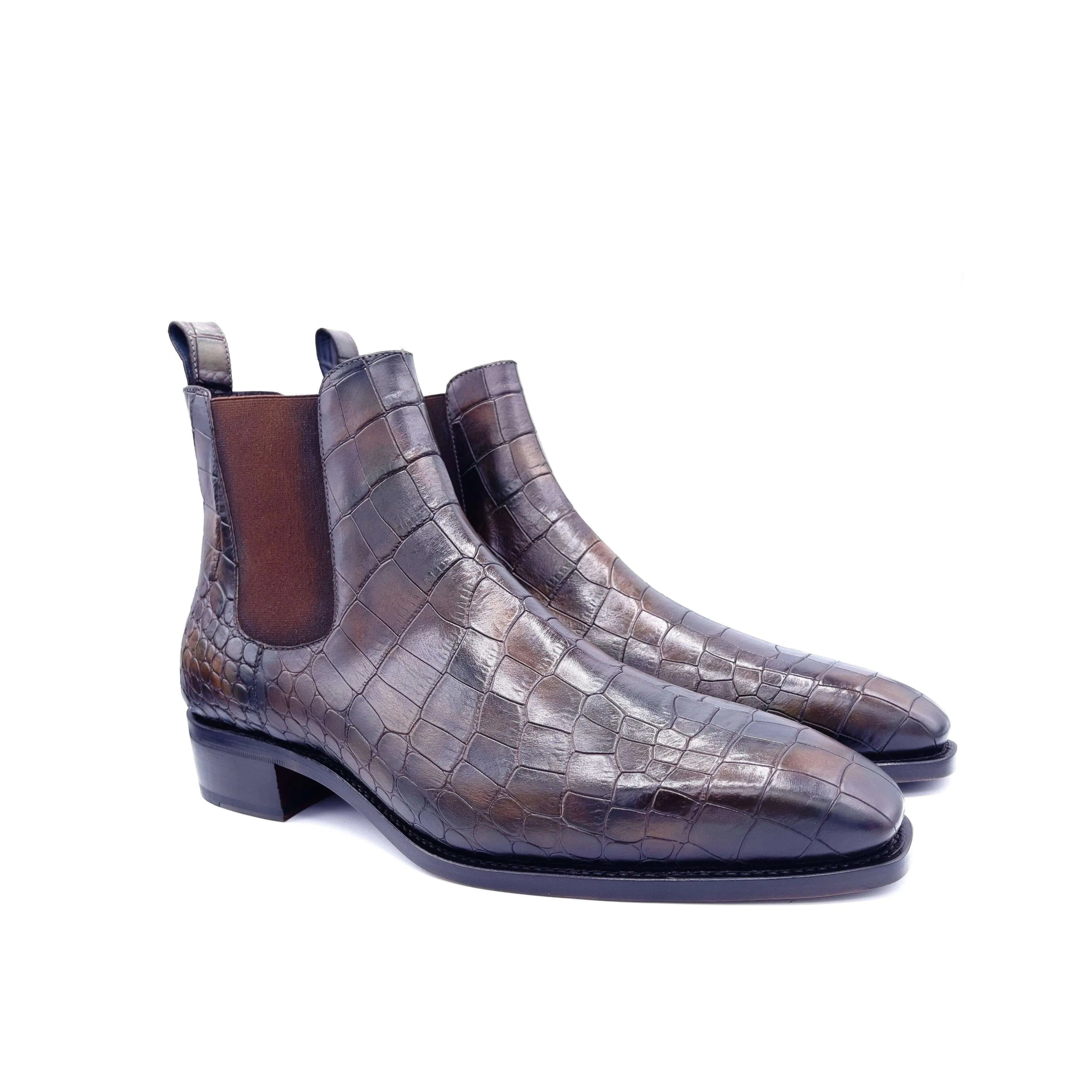 Cairo Patina Chelsea Boots II in brown crocodile-patterned chisel toe