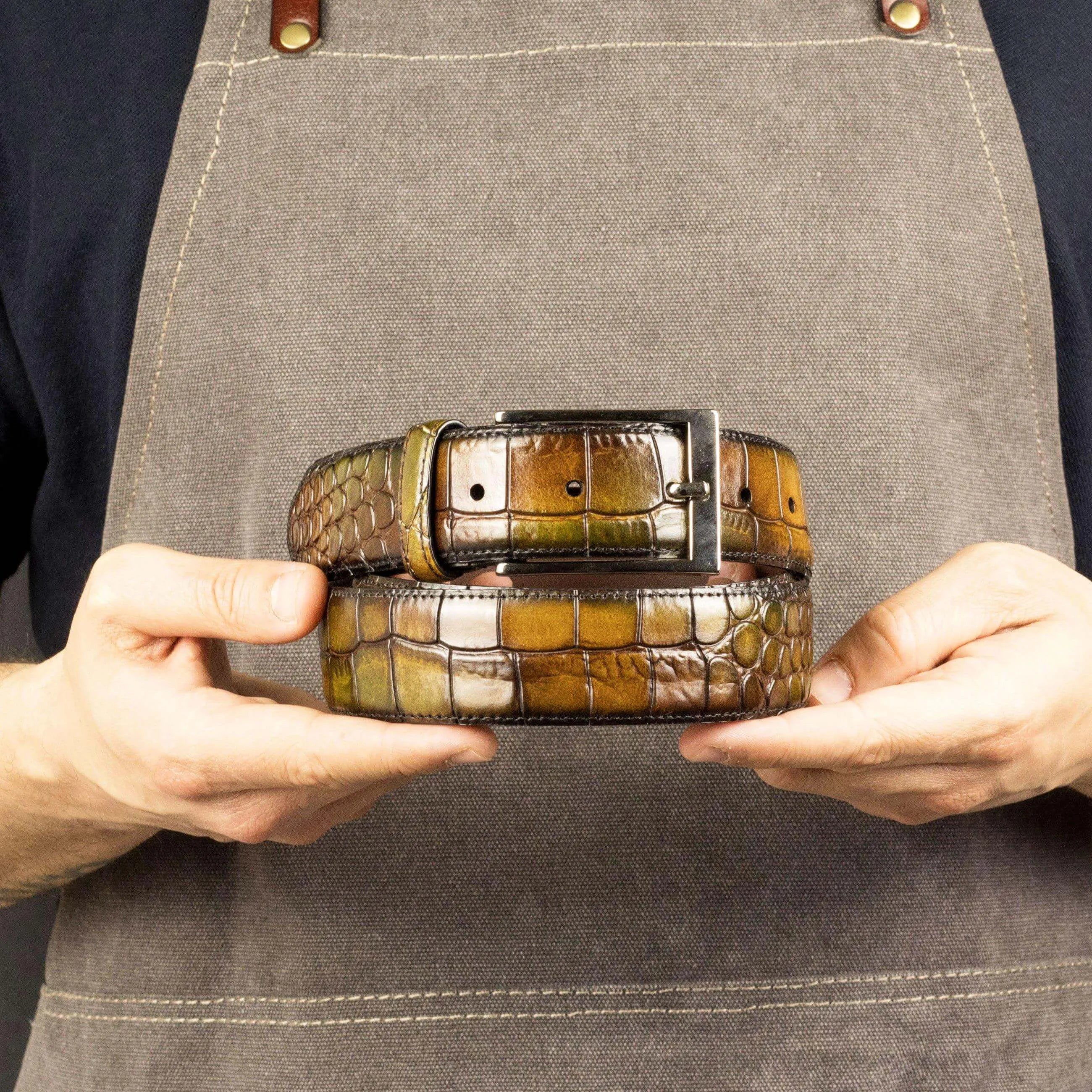 Two stacked multicolored Cairo Patina Hamptons Belt alligators