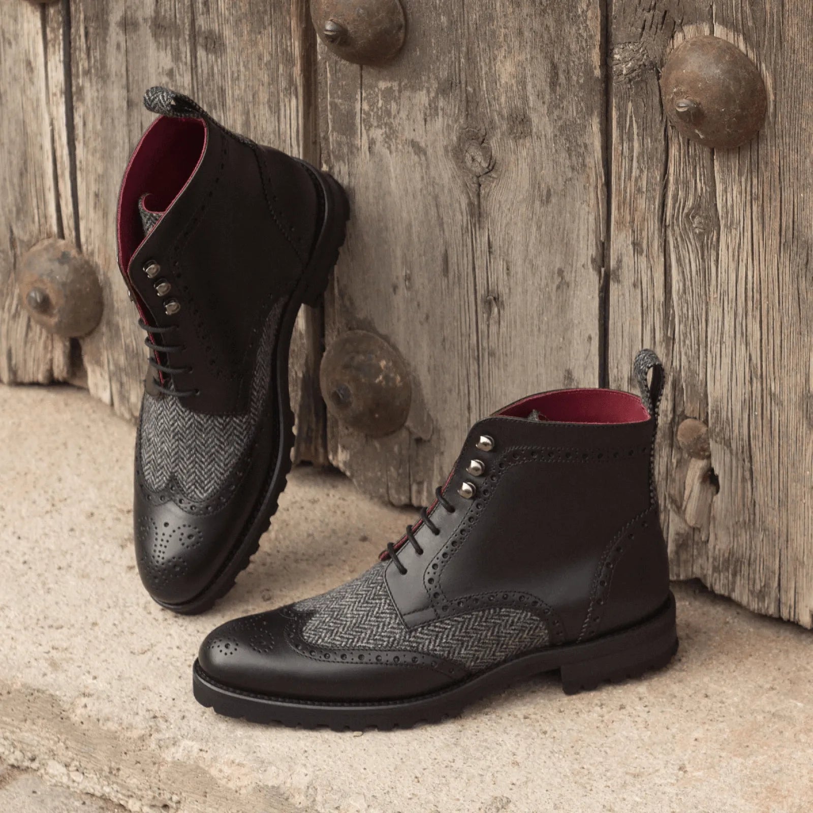 Camilla ladies military brogue boots II in leather and tweed