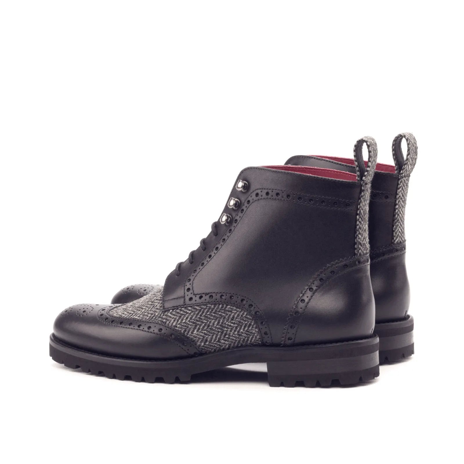 Camilla ladies military brogue boots in black leather and tweed