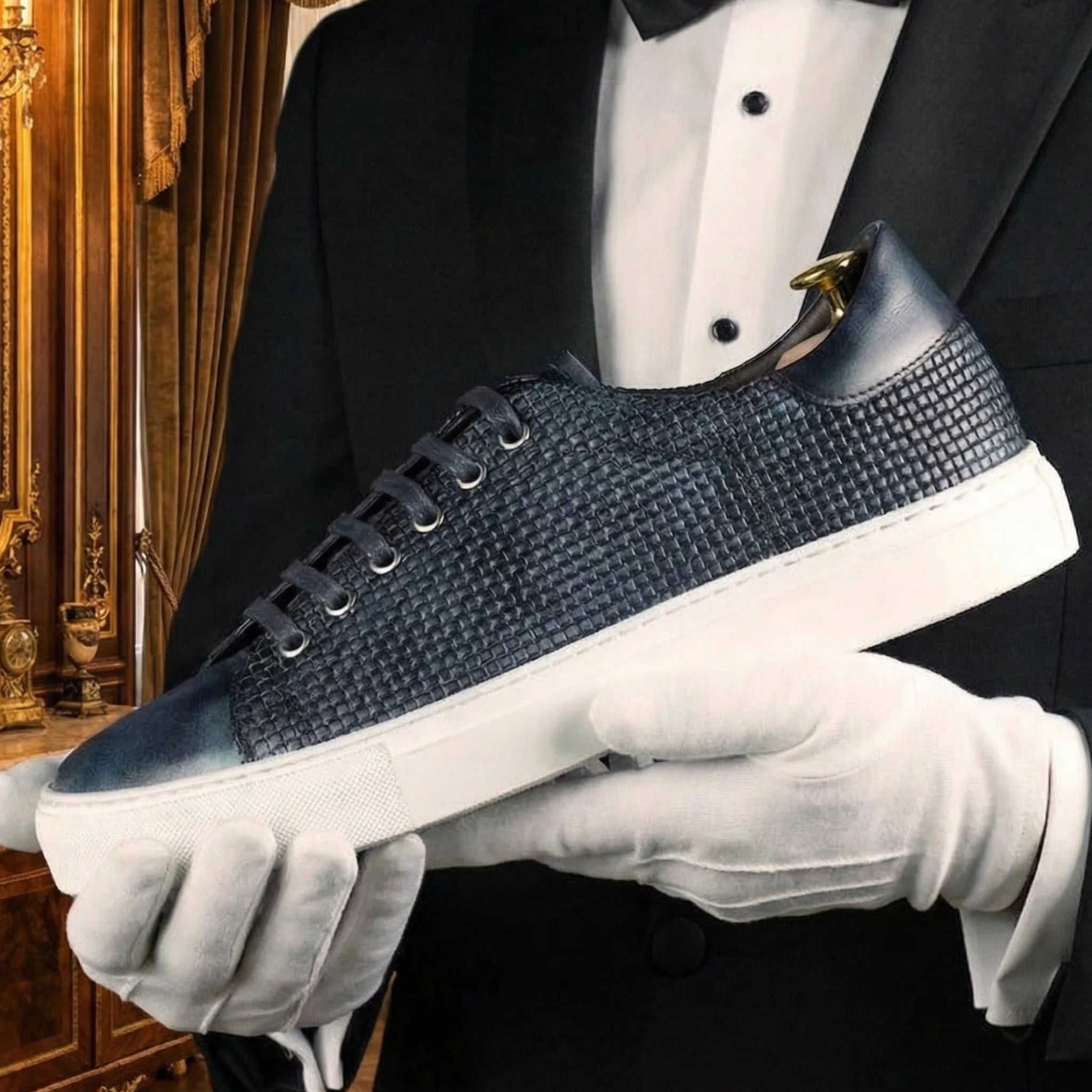 Navy blue capa braided patina sneaker with woven leather upper white rubber sole and gold-tone heel tab ocean museum patina