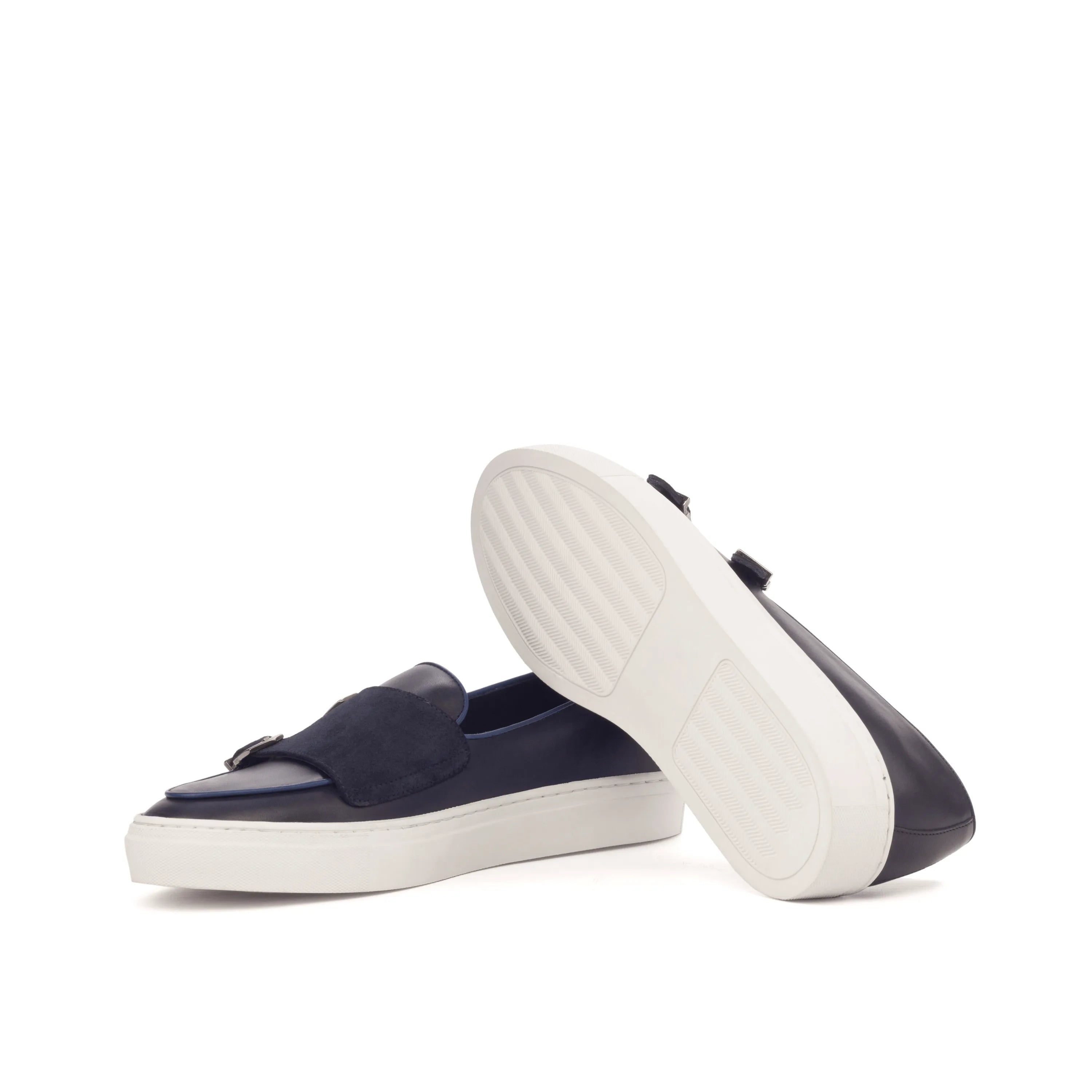 Celsus monk sneaker: navy leather double monk painted calf back view
