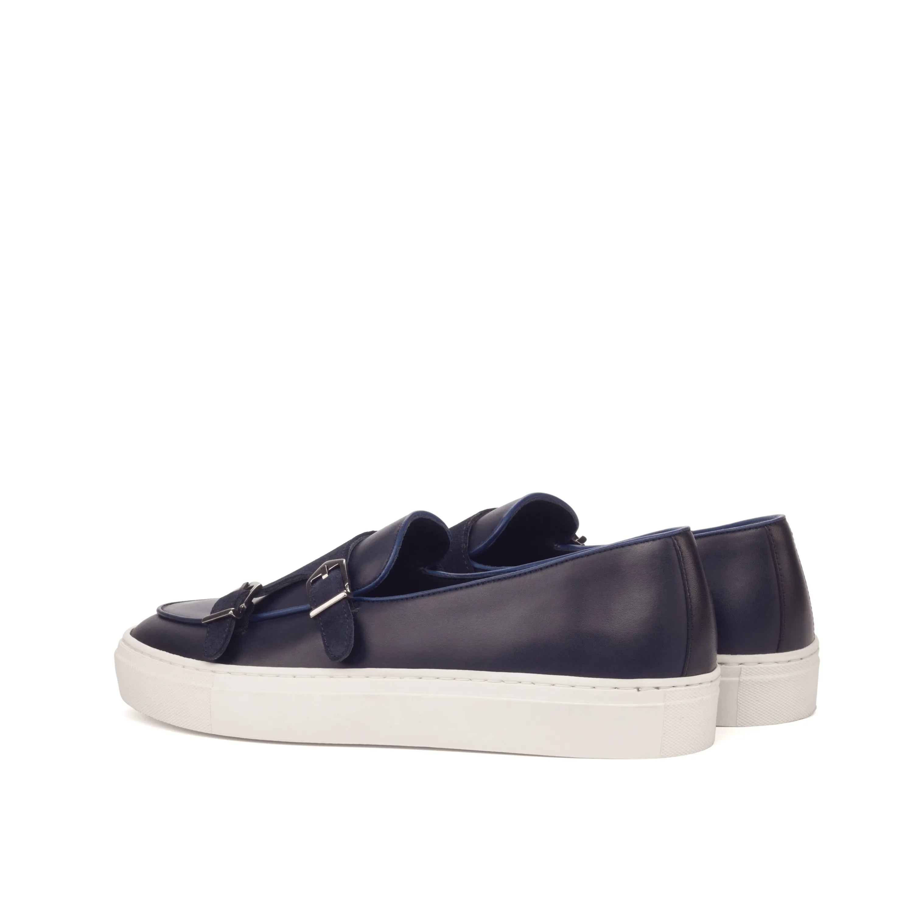 Celsus monk sneaker: navy leather double monk painted calf back view