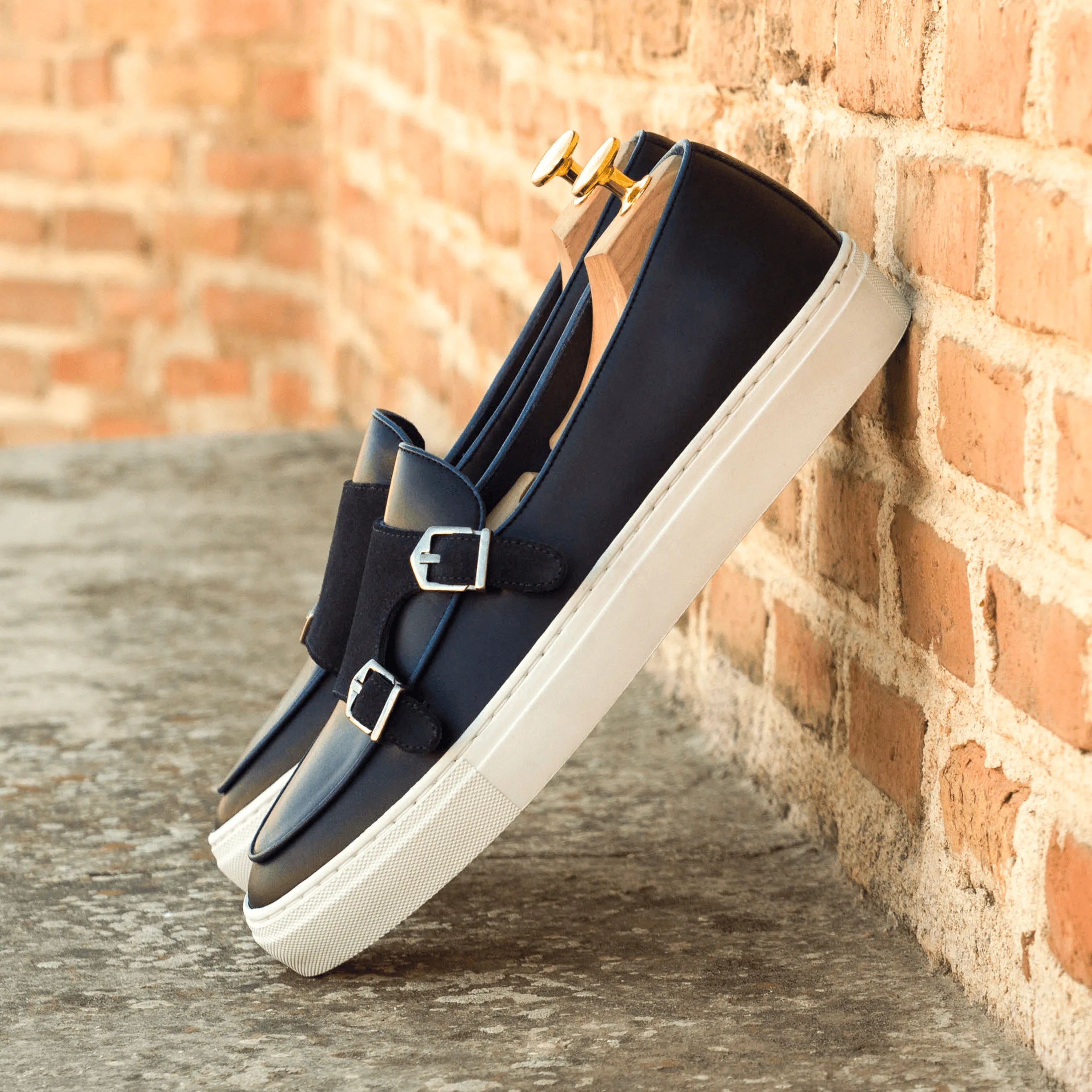Celsus monk sneaker: navy leather double monk painted calf back view