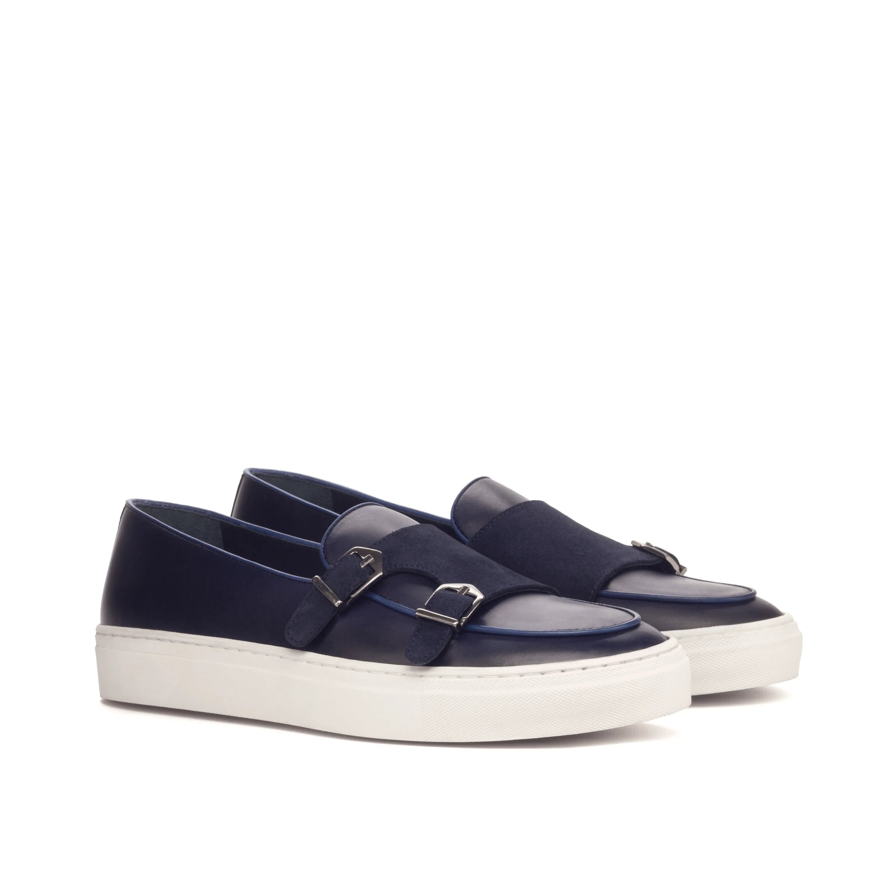 Celsus monk sneaker: navy blue double monk painted calf leather pair