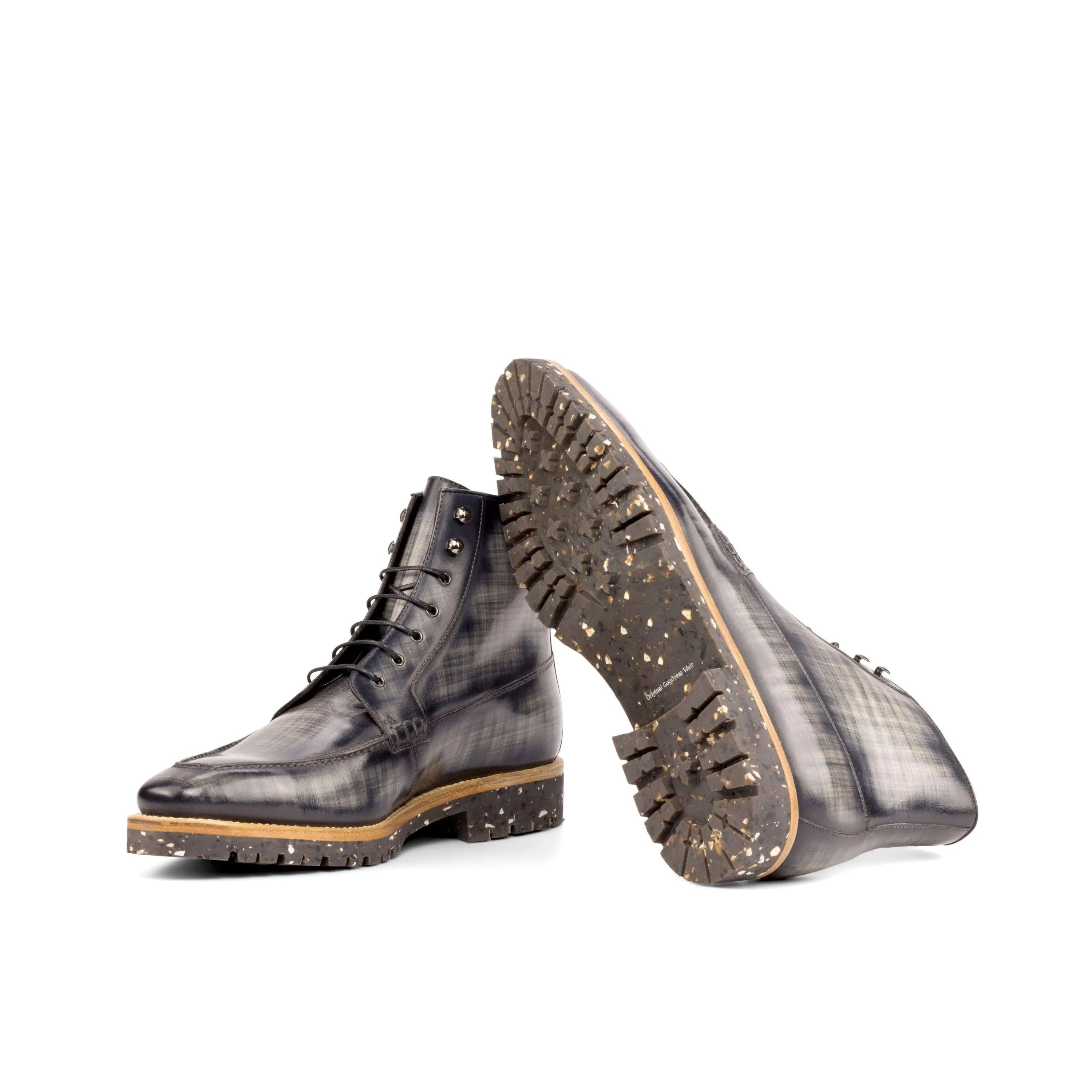 Gray CEO Patina Moc lace-up boots in leather with fast lane patina