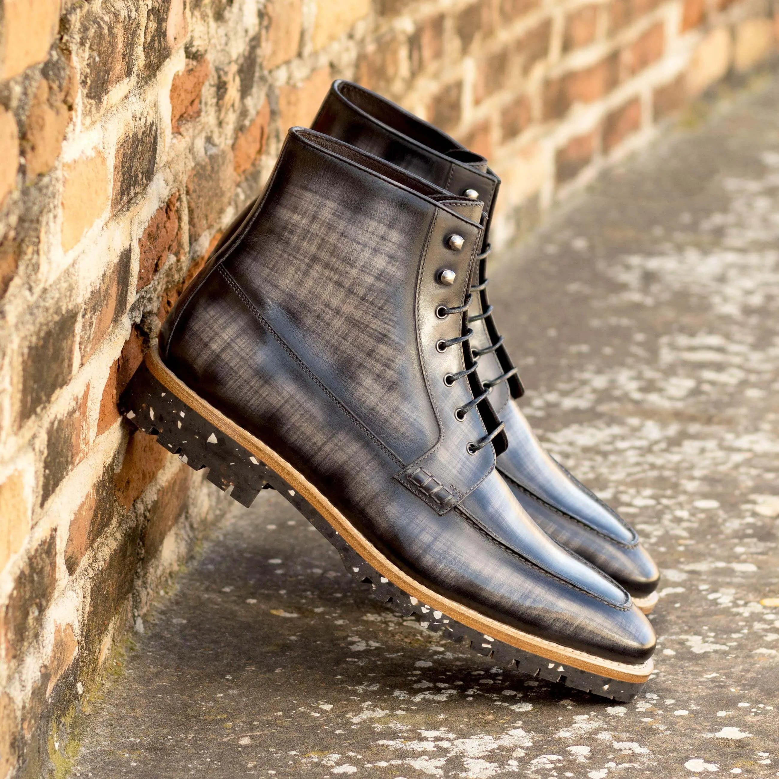 CEO Patina Moc gray leather lace-up boots