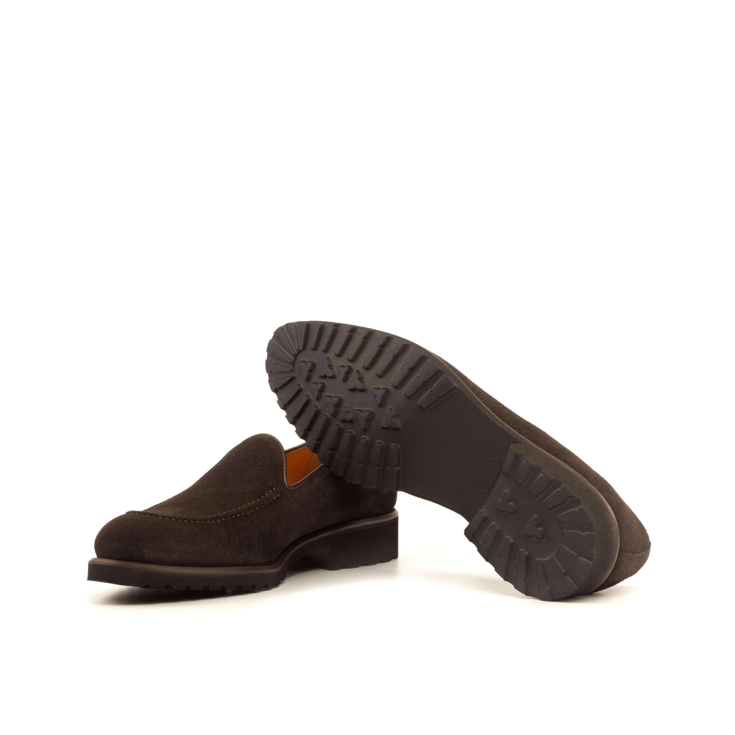 Dark brown Chahta Loafers II with rounded toe, brown suede back view