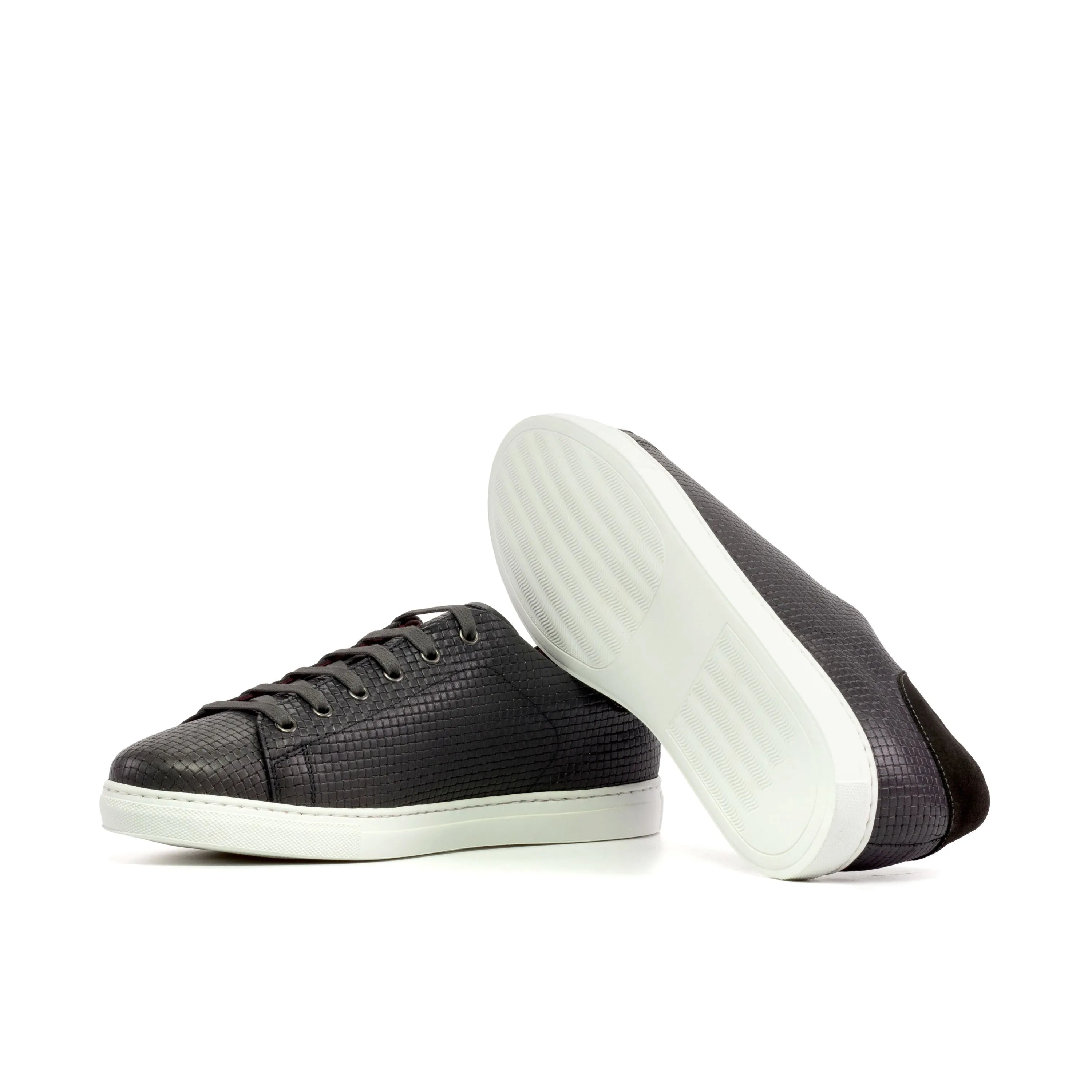 Chehade trainer sneaker: dark gray leather pair with white cupsole soles
