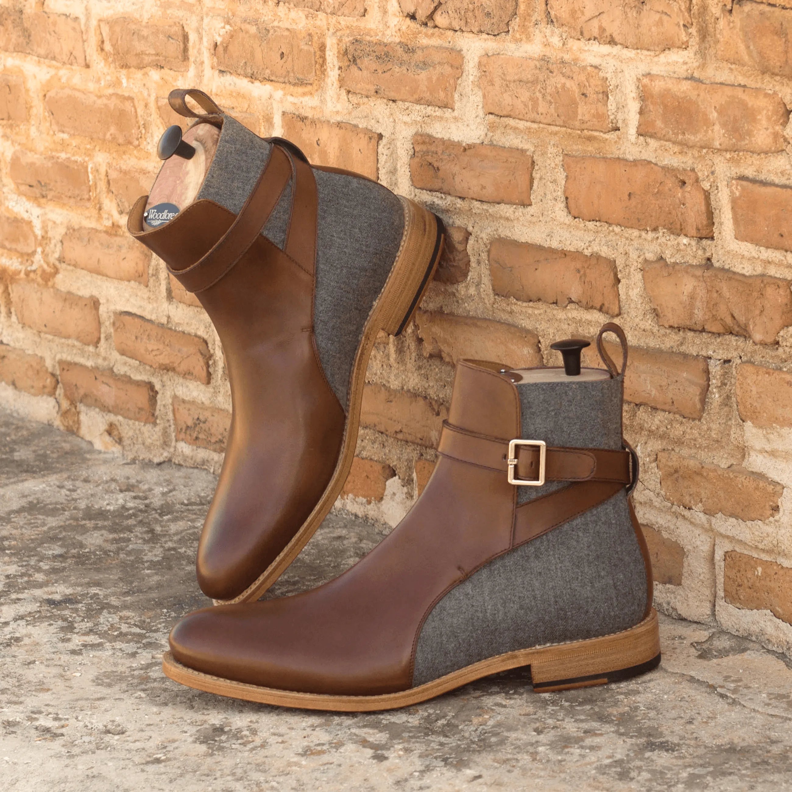 Brown leather and gray wool Chuck Jodhpur Boots ankle view